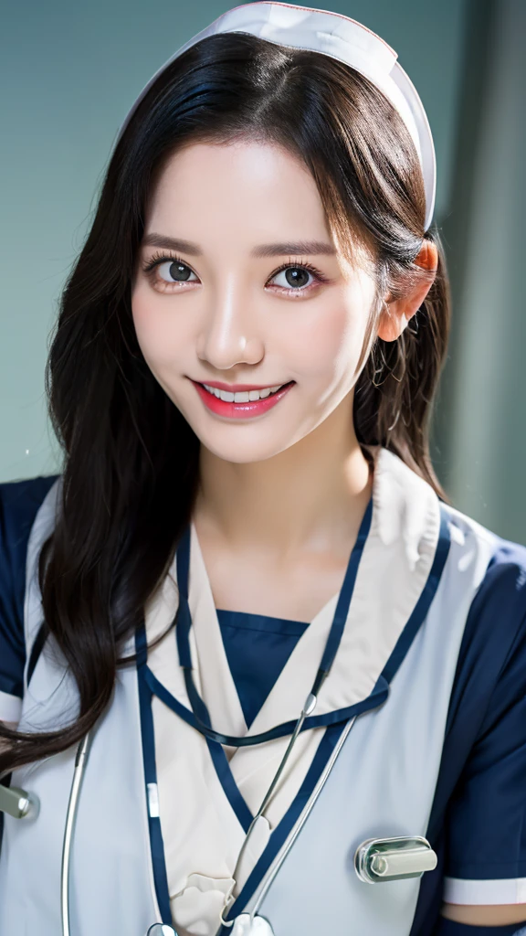 (best quality), ((8k, raw, masterpiece: 1.5)), ((professional photography, sharp: 1.2), ((half body photoshoot)), perfect dynamic composition, (natural sun light), (soft shadow), (1 girl), black medium curly hair, Ultra-detailed faces and skin, perfect Asian, gorgeous, White skin, (Delicate skin:1.4), (latex skin:0.4), (perfect glowing skin:0.3), (huge round breast: 1), light brown eyes, beautiful eyes, round eyes, pretty face, blush, glossy lips, plump lips, high nose bridge, glossy eyes, Really moist skin, (((huge smile))), looking at camera, (((wear dark blue nurse uniform)))