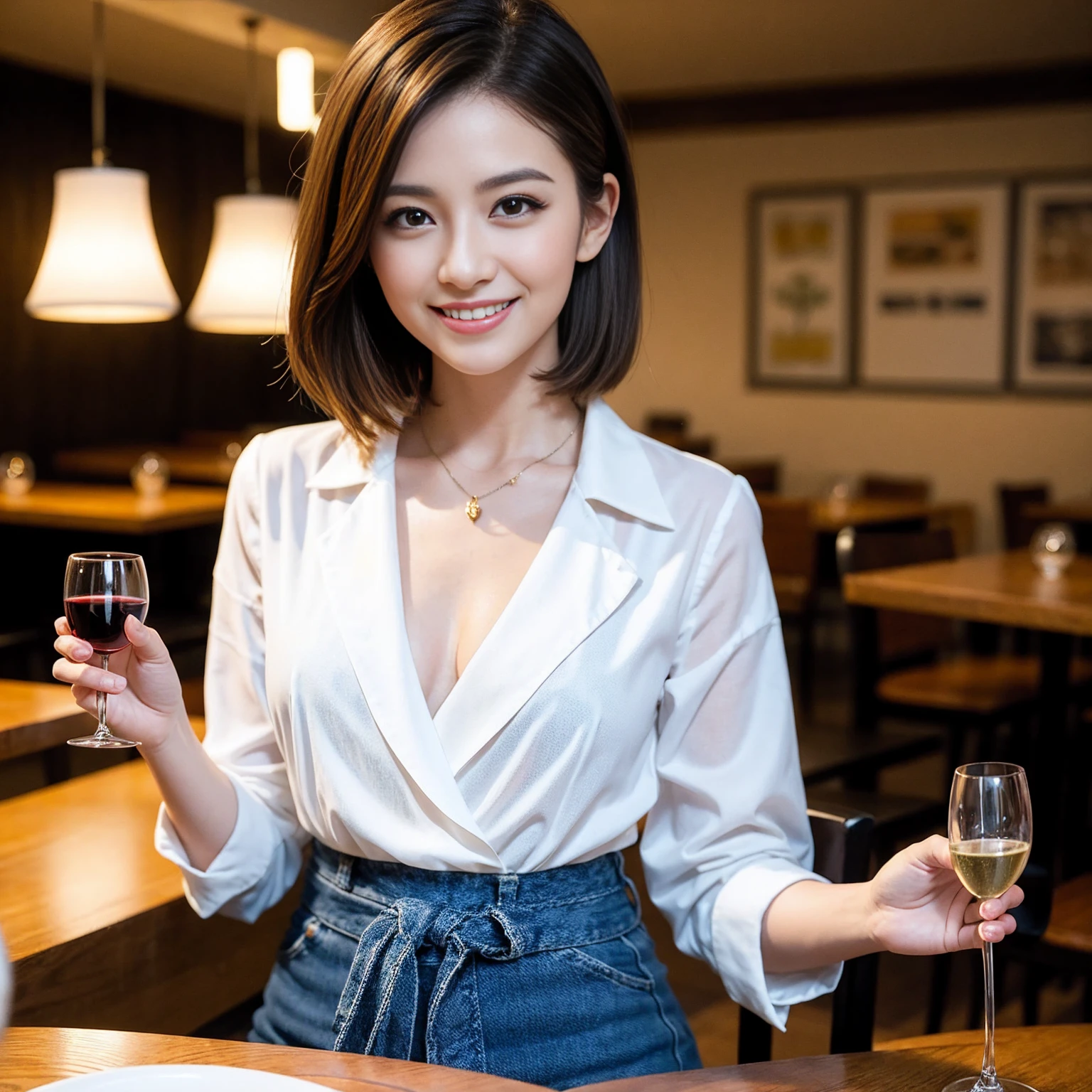 ((Highest quality、8K、masterpiece:1.3))、cute、slimカップル、modelカップル、actress男優、(Realistic, Intricate details:1.2), full-course dinner、Wine Party、Amazing view of the sunset sky and clouds、A bright smile、short hair,Bright Face、 (Age 37), Age 42, red wine 、Appetizers、Italian food、Wine bottle、Champagne、sparkling wine、Two beauties、Brown Hair、Shortcuts、Long sleeve shirt、dress、Beautiful woman 1, (slimな顔), (The body is slim), (Brown Hair), (Shortcuts), cheeks turn a little red,Attractive beauty、restaurant, In a prominent place (From the waist up) Nova Frog Style, actress, model, Upper Body, White wine, slim, wine glass, 中央に置かれたwine glass, smile, (smile: 1.15), Beautiful fine grain, Depth f/2,saturation, High Contrast, Strong light and shadow,Moist Body:1.5、3D texture、Delicate eyes、Brown Hair、The hair is very shiny、