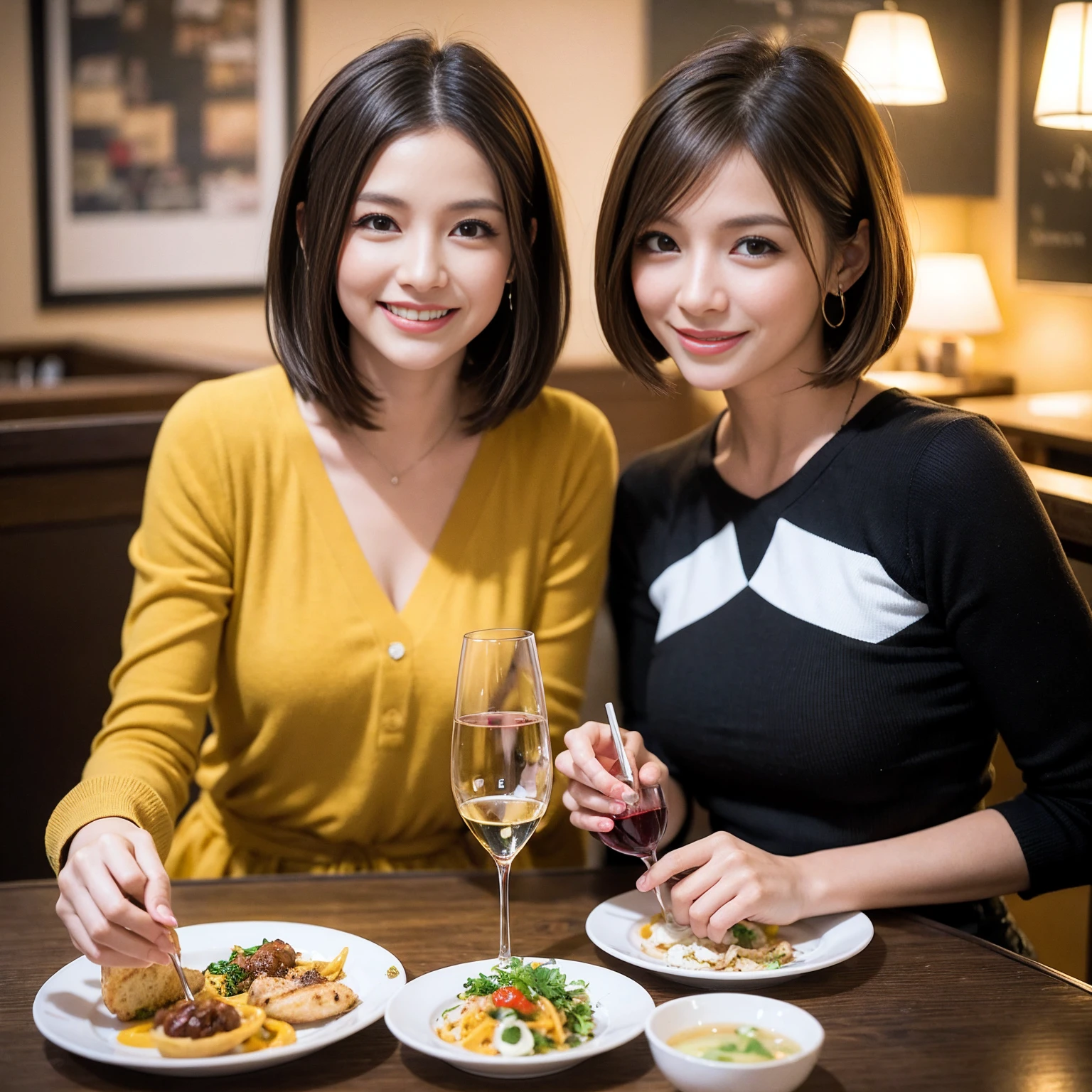 ((Highest quality、8K、masterpiece:1.3))、cute、slimカップル、modelカップル、actress男優、(Realistic, Intricate details:1.2), full-course dinner、Wine Party、Amazing view of the sunset sky and clouds、A bright smile、short hair,Bright Face、 (Age 37), Age 42, red wine 、Appetizers、Italian food、Wine bottle、Champagne、sparkling wine、Two beauties、Brown Hair、Shortcuts、Long sleeve shirt、dress、Beautiful woman 1, (slimな顔), (The body is slim), (Brown Hair), (Shortcuts), cheeks turn a little red,Attractive beauty、restaurant, In a prominent place (From the waist up) Nova Frog Style, actress, model, Upper Body, White wine, slim, wine glass, 中央に置かれたwine glass, smile, (smile: 1.15), Beautiful fine grain, Depth f/2,saturation, High Contrast, Strong light and shadow,Moist Body:1.5、3D texture、Delicate eyes、Brown Hair、The hair is very shiny、