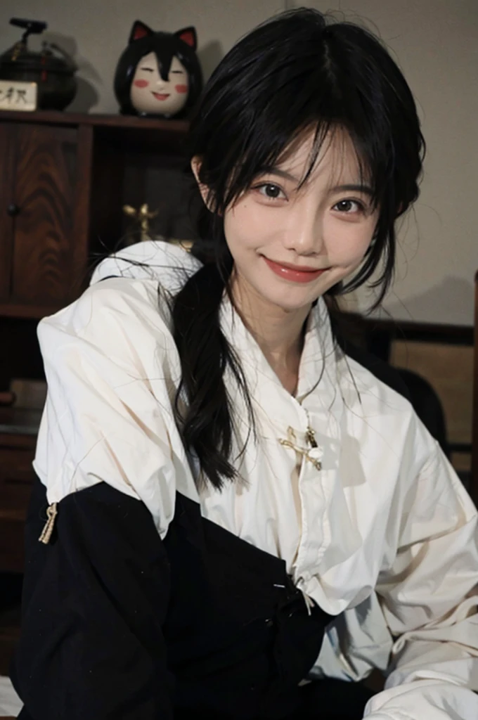Masterpiece, 1 Japanese girl,cute,black hair,smile,face focus