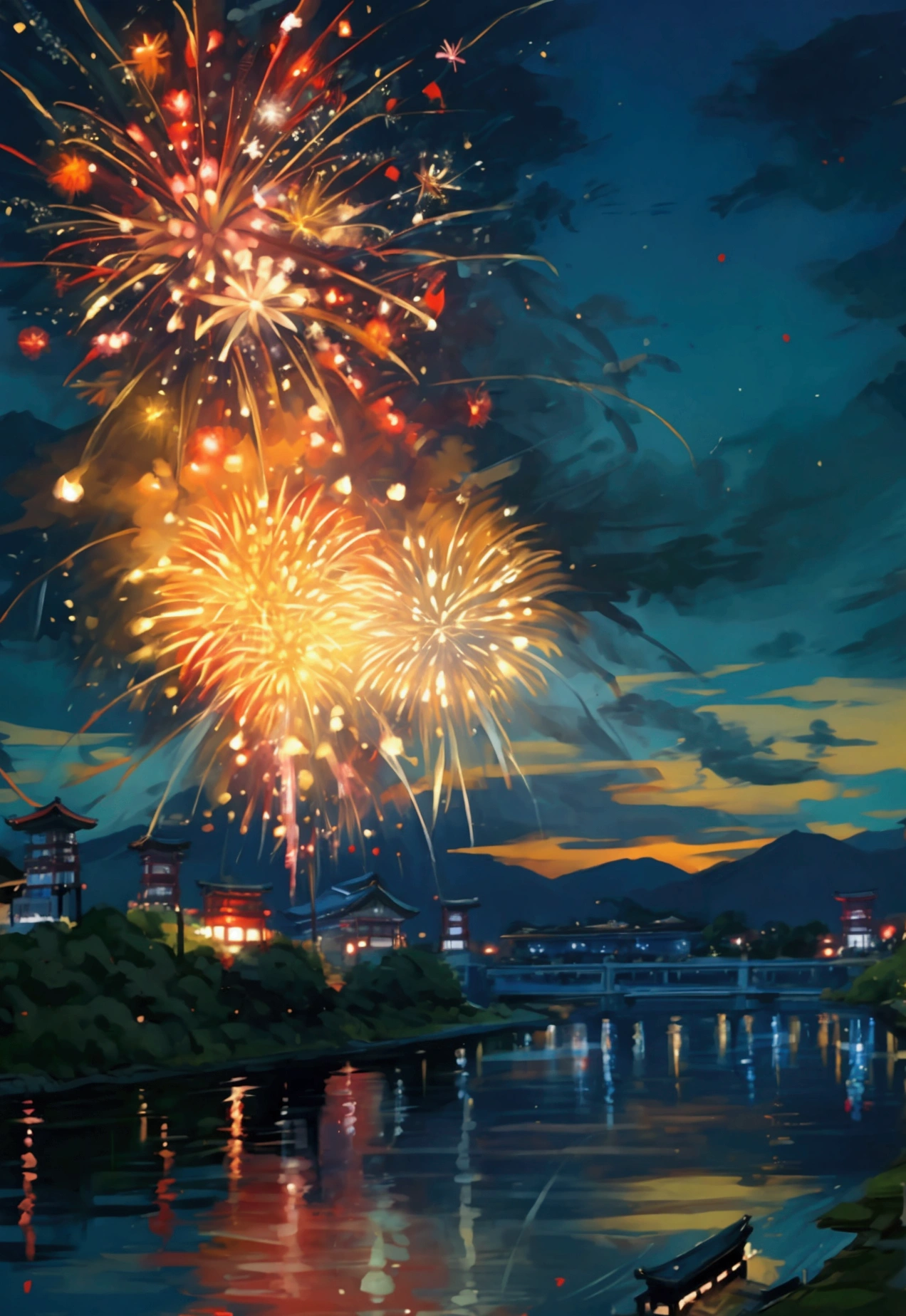 Summer festival、Japan、Fireworks on the riverbank、Simple picture、Fireworks main picture、