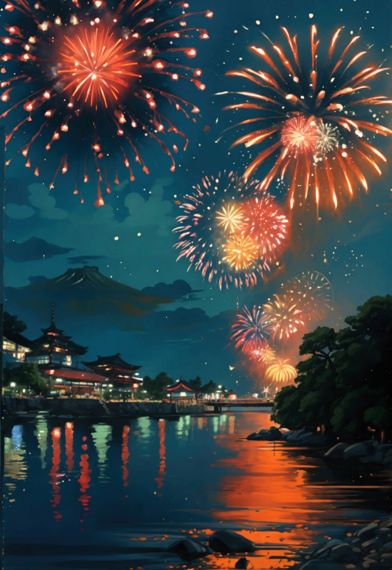 Summer festival、Japan、Fireworks on the riverbank、Simple picture、Fireworks main picture、