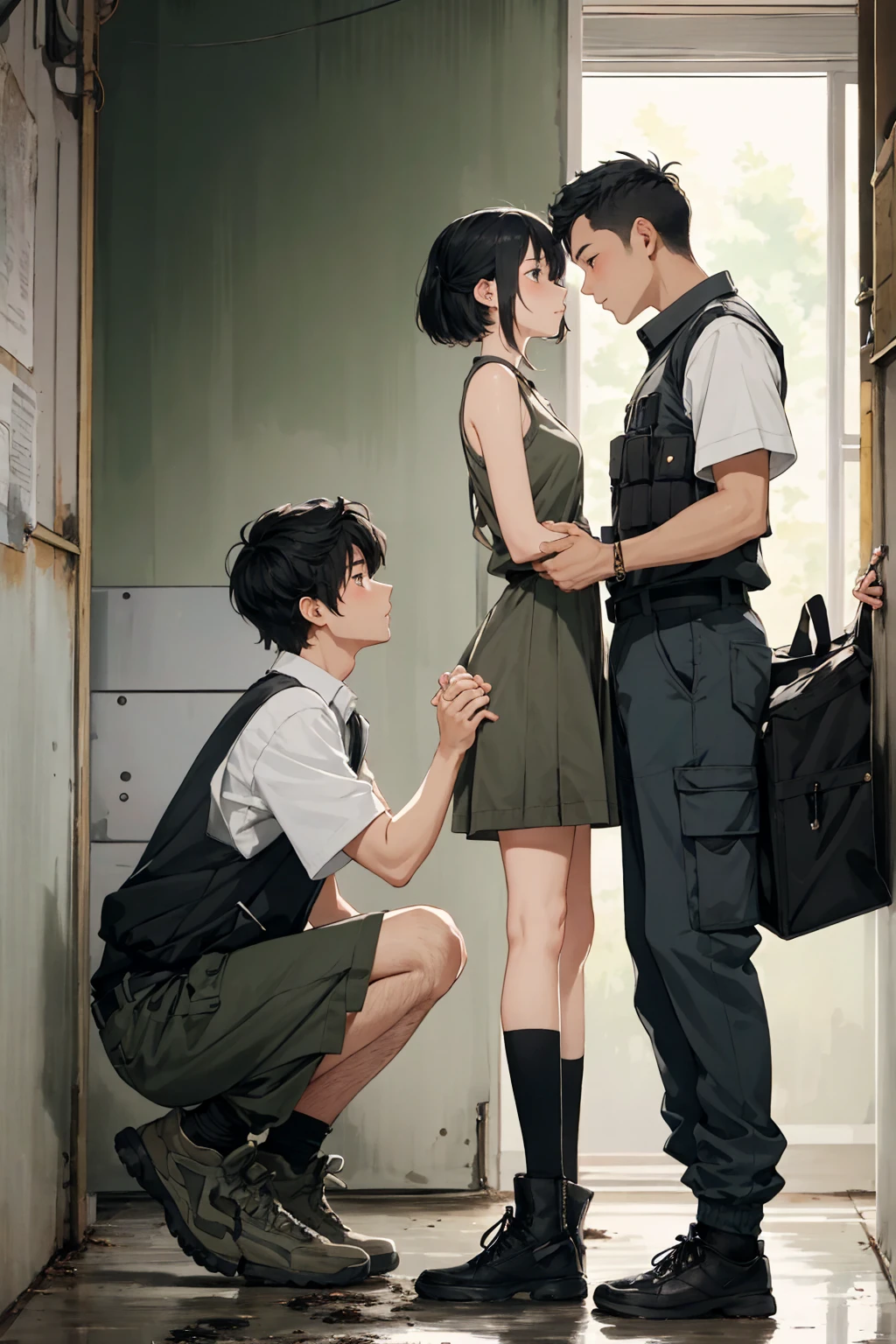 2others, 1girl, 1man, (1girl, _young, girl with short gray hair, gray eyes, wearing dirty grey torn dress), (1man, military vest and cargo pants), holding hands, (size difference:1.5), tumblr, sosaku hanga, doujin, ddlc, zerochan, top quality, best quality, highres, unparalleled masterpiece, perfect artwork, paid reward available, indoor