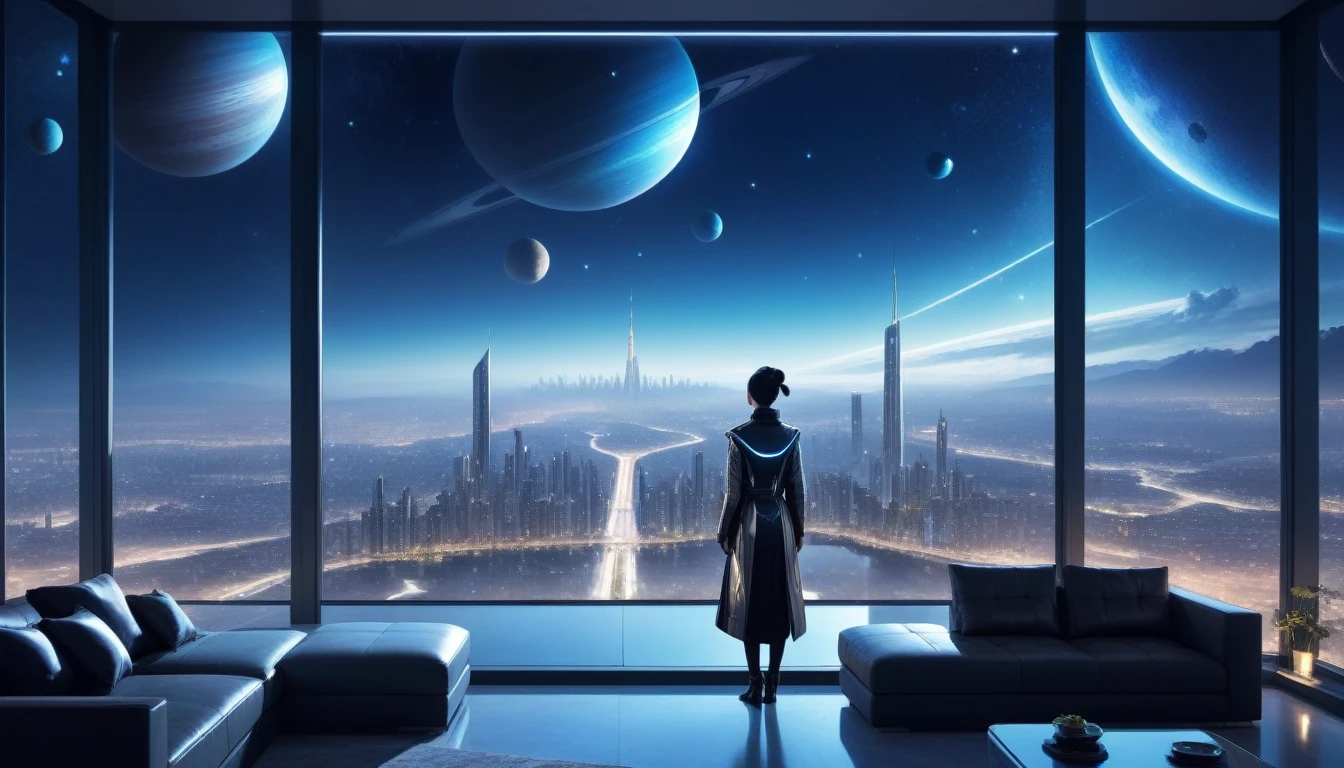 at night, front view of a person overlooking the city out of a large window in a futuristic luxury apartment with planets in the sky