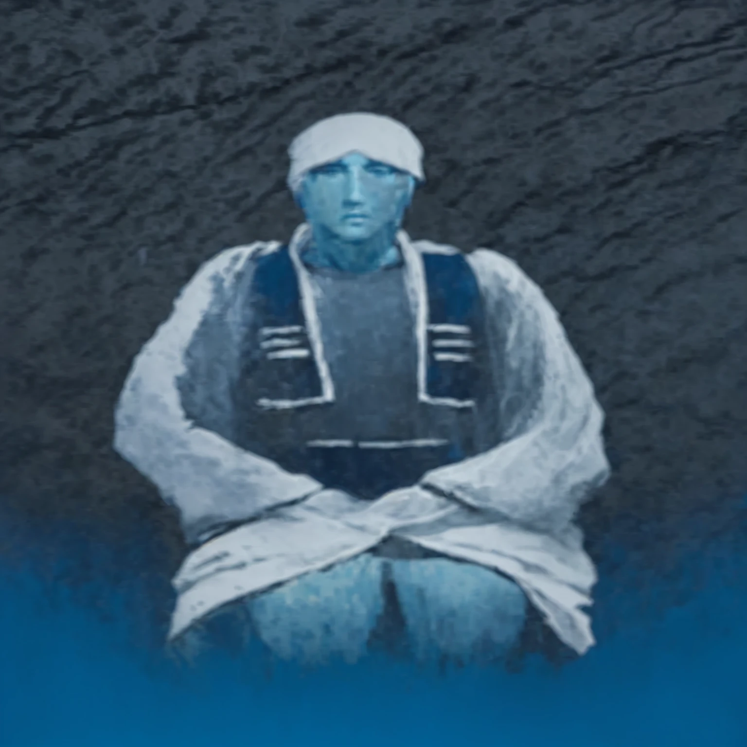 A picture of a person, standing on a blue surface, Adim Kashin, inspired by Enki Bilal, figure with hood, inspired by Gyoshu Hayami, Painting of white human figures, detailed picture of the film dunes, without faces, Ditigal painting, figure with hoods, Vdragan Bibin, Shikanosuke Yagaki