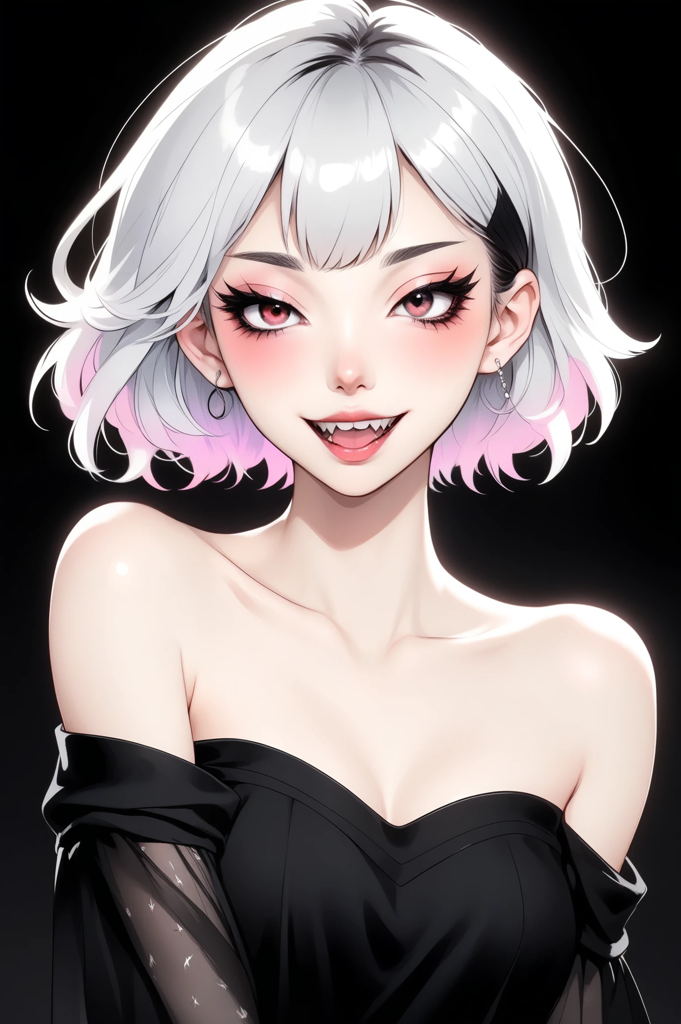(best quality, sketch:1.2),Practical,ilustrador,shrew，Japanese cartoons,1 girl, Delicate lips, ，Fangs，hand，hairy，Off-shoulder， Black and white gradient background,Neon hair,Texture cropping, masterpiece, The style is vintage, Deep Black 