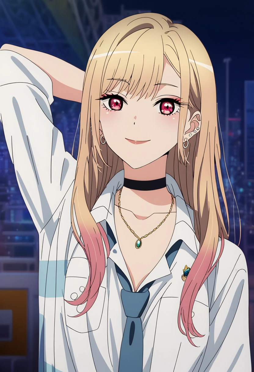 (((nsfw, Nude,show off nipple,)))(score_9_superior, score_8_superior, score_7_superior), (masterpiece, Highest quality, Super detailed, Intricate details, source anime, High resolution, Smooth lines), Kitagawa Marine, One girl, alone, Long Hair, chest, View your viewers, smile, bangs, Blonde, large chest, Red eyes, jewelry, medium chest, Multicolored Hair, Earrings, choker, necklace, black choker, Earrings, ear Earrings, , White shirt, tie shirt, Blue tie, Checked skirt, anime,