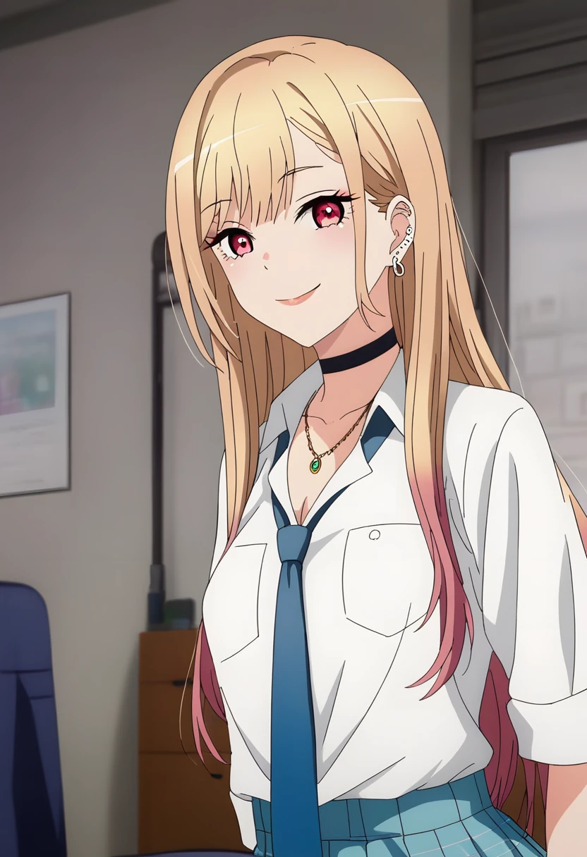 (((nsfw, Nude,show off nipple,)))(score_9_superior, score_8_superior, score_7_superior), (masterpiece, Highest quality, Super detailed, Intricate details, source anime, High resolution, Smooth lines), Kitagawa Marine, One girl, alone, Long Hair, chest, View your viewers, smile, bangs, Blonde, large chest, Red eyes, jewelry, medium chest, Multicolored Hair, Earrings, choker, necklace, black choker, Earrings, ear Earrings, , White shirt, tie shirt, Blue tie, Checked skirt, anime,