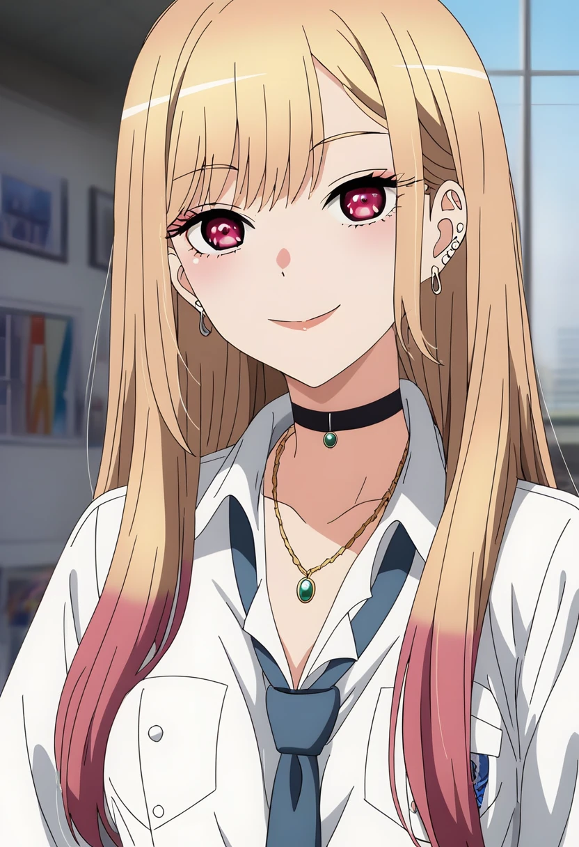 (((nsfw, Nude,show off nipple,)))(score_9_superior, score_8_superior, score_7_superior), (masterpiece, Highest quality, Super detailed, Intricate details, source anime, High resolution, Smooth lines), Kitagawa Marine, One girl, alone, Long Hair, chest, View your viewers, smile, bangs, Blonde, large chest, Red eyes, jewelry, medium chest, Multicolored Hair, Earrings, choker, necklace, black choker, Earrings, ear Earrings, , White shirt, tie shirt, Blue tie, Checked skirt, anime,