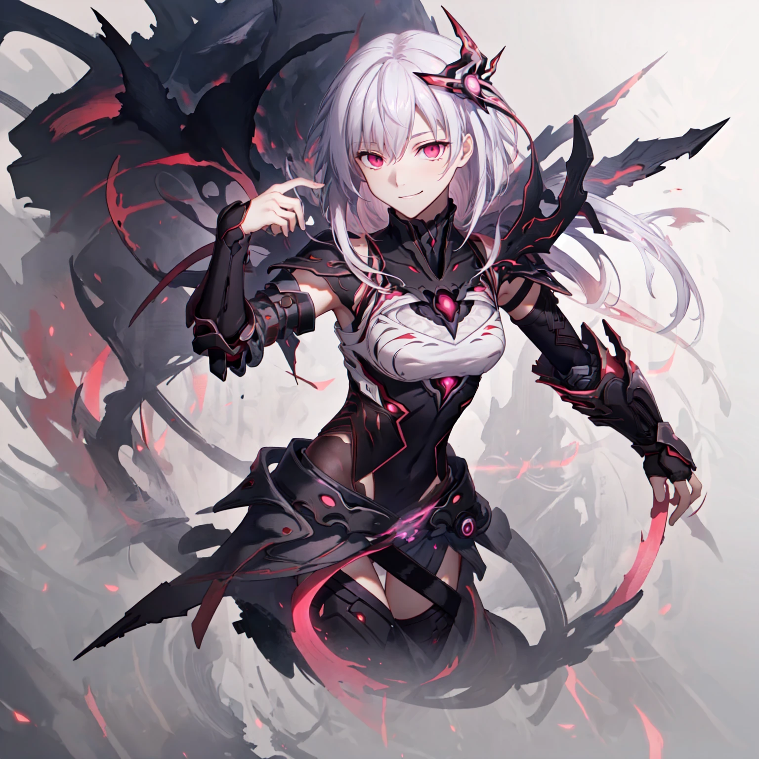 [(white background:0.9), ::2],1girl, solo, masterpiece, best quality, (extremely detailed CG unity 8k wallpaper), (best quality), (best illustration), (best shadow), absurdres, realistic lighting, (Abyss), beautiful detailed glow, anime, close up shot, dark sakura, pink eyes red eyes gradient eyes, white hair, herrscher, Herrscher of the Void, black armour, Honkai impact, smirk