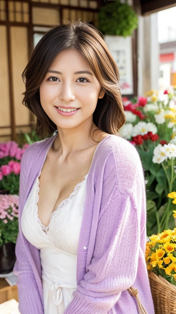 to be born, Highest quality, High resolution, (masterpiece: 1.3), Body Shot, かわいいJapanese女性, masterpiece, Bent body, Big Breasts, Cute face, White skin, Fair skin, Cute eyes, Elegant smile, light makeup, stand in front of a flower shop, Feminine gestures, Elegant expression, Viewers facing each other, Focus on your audience, Wearing a white dress, Pretty dress, Wearing a lilac cardigan, Perfect cardigan, かわいいBeautiful pastel colors, Beautiful pastel colors, at noon, Great lighting, Great sunlight, Bright colors, Ultra-realistic clean lines, Very realistic、Japanese、40 years old、A radiant smile、E cup breasts、Hide your fingers、Accentuate your breasts、Cleavage、Disheveled clothing