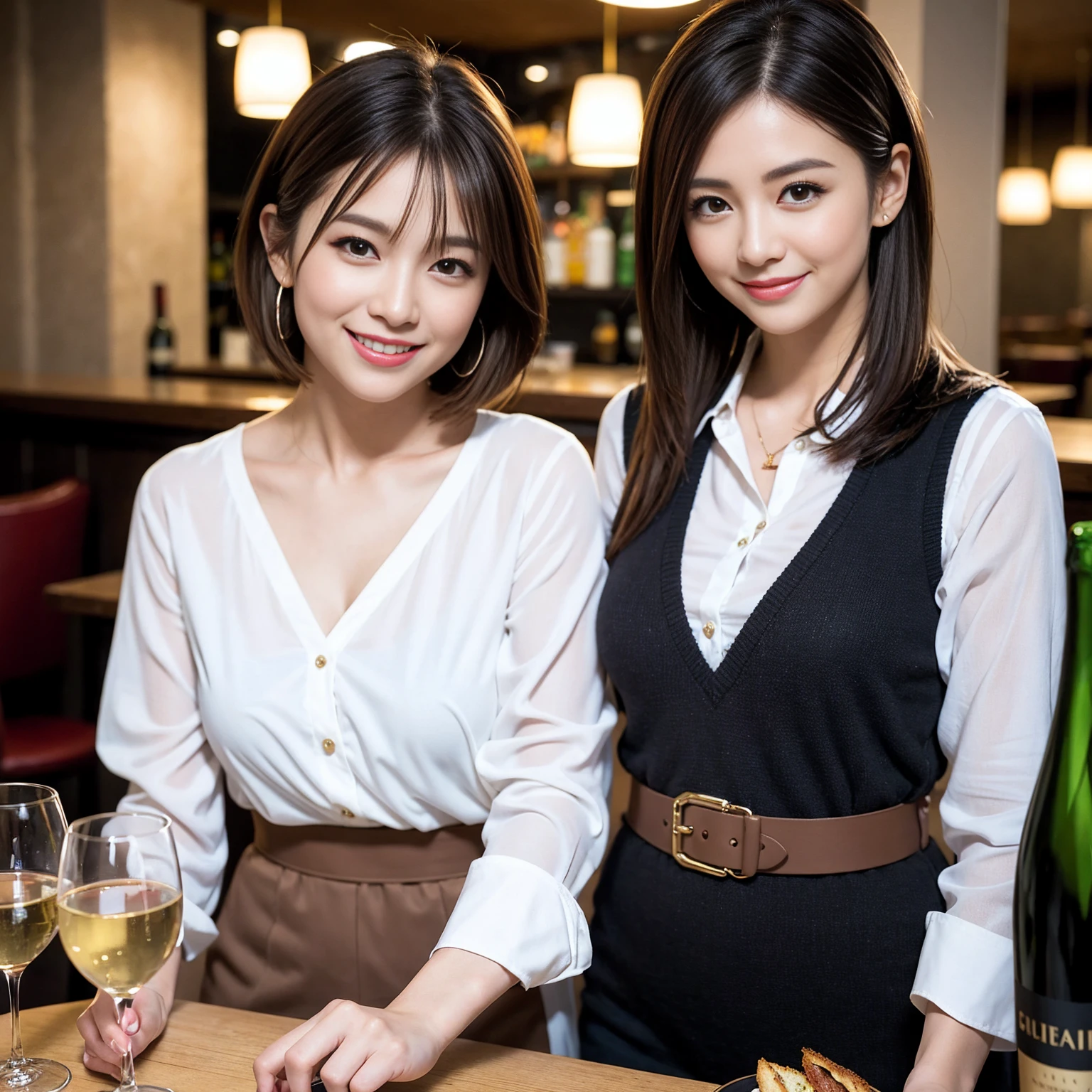 ((Highest quality、8K、masterpiece:1.3))、cute、slimカップル、modelカップル、actress男優、(Realistic, Intricate details:1.2), full-course dinner、Wine Party、Amazing view of the sunset sky and clouds、A bright smile、short hair,Bright Face、 (Age 37), Age 40, red wine 、Appetizers、Italian food、Wine bottle、Champagne、sparkling wine、Two beauties、Brown Hair、Shortcuts、Long sleeve shirt、dress、Beautiful woman 1, (slimな顔), (The body is slim), (Brown Hair), (Shortcuts), cheeks turn a little red,Attractive beauty、restaurant, In a prominent place (From the waist up) Nova Frog Style, actress, model, Upper Body, White wine, slim, wine glass, 中央に置かれたwine glass, smile, (smile: 1.15), Beautiful fine grain, Depth f/2,saturation, High Contrast, Strong light and shadow,Moist Body:1.5、3D texture、Delicate eyes、Brown Hair、The hair is very shiny、