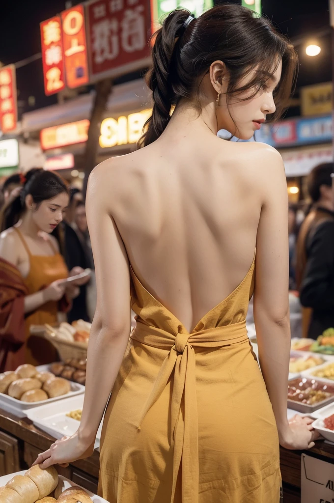 (((best quality))),(((ultra detailed))),(((masterpiece))),illustration,(1 beautiful girl,solo),(short ponytail:1.2),(sheer apron:1.2),((bare shoulder,bare arms)),((slim,thin)),((bare back,towering hips,butt crack)),shopping, market, meat, bustling,early morning,bright eyes, flushed face, lively appearance, energetic, vendors, calls, wares, plastic sheets, spices, haggling, examining, cuts, beef, stall, butcher paper, scale, kaleidoscope, colors, sounds, fruits, vegetables, animated, talking, joking, background, food stall, breakfast rolls, vendor, steaming, fresh bread, butter, early hour, energy, chatting, vibrant, chaotic, community,((night scene,outdoor)),(surrounded by crowded crowds:1.3),((from back,upper body))