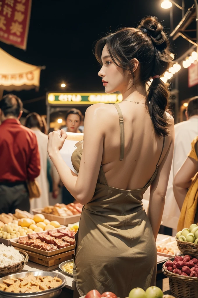 (((best quality))),(((ultra detailed))),(((masterpiece))),illustration,(1 beautiful girl,solo),(short ponytail:1.2),(sheer apron:1.2),((bare shoulder,bare arms)),((slim,thin)),((bare back,towering hips,butt crack)),shopping, market, meat, bustling,early morning,bright eyes, flushed face, lively appearance, energetic, vendors, calls, wares, plastic sheets, spices, haggling, examining, cuts, beef, stall, butcher paper, scale, kaleidoscope, colors, sounds, fruits, vegetables, animated, talking, joking, background, food stall, breakfast rolls, vendor, steaming, fresh bread, butter, early hour, energy, chatting, vibrant, chaotic, community,((night scene,outdoor)),(surrounded by crowded crowds:1.3),((from back,upper body))