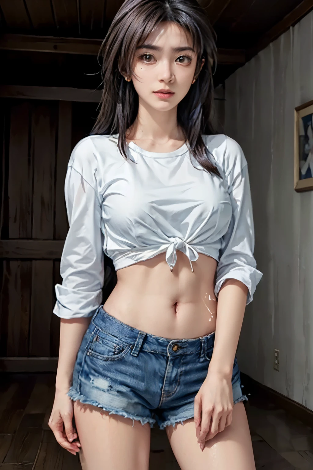 (photo realist: 1.4), (hiper realist: 1.4), (realist: 1.3), (smoother lighting: 1.05), (Improve the quality of movie lighting: 0.9), 32K(Aumentar a beauty da textura da pele: 1,1, better quality, (beauty), masterpiece, Physically based rendering, ultra high resolution, masterpiece, best quality, full body, Mio Serizawa, a standing girl with long hair wearing mini shorts, earrings, sneakers and tied shirt, navel, beauty face, big breast