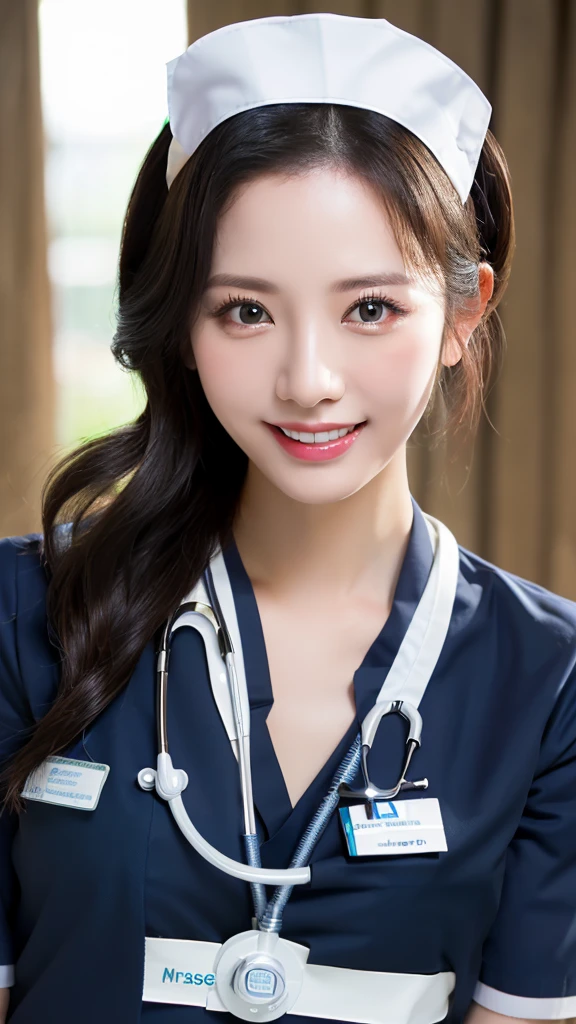 (best quality), ((8k, raw, masterpiece: 1.5)), ((professional photography, sharp: 1.2), ((half body photoshoot)), perfect dynamic composition, (natural sun light), (soft shadow), (1 girl), black medium curly hair, Ultra-detailed faces and skin, perfect Asian, gorgeous, White skin, (Delicate skin:1.4), (latex skin:0.4), (perfect glowing skin:0.3), (huge round breast: 1), light brown eyes, beautiful eyes, round eyes, pretty face, blush, glossy lips, plump lips, high nose bridge, glossy eyes, Really moist skin, (((huge smile))), looking at camera, (((wear dark blue nurse uniform)))
