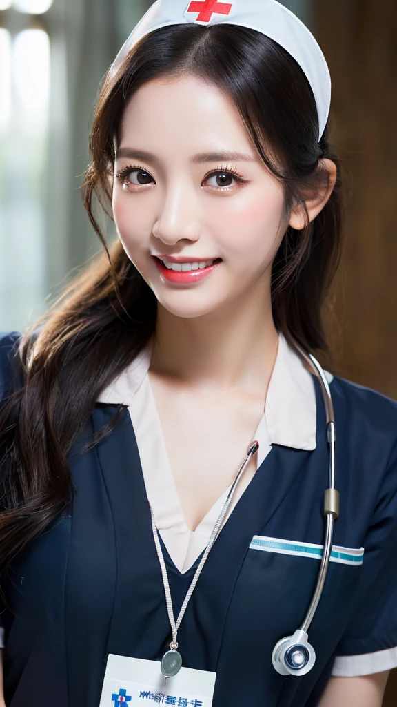 (best quality), ((8k, raw, masterpiece: 1.5)), ((professional photography, sharp: 1.2), ((half body photoshoot)), perfect dynamic composition, (natural sun light), (soft shadow), (1 girl), black medium curly hair, Ultra-detailed faces and skin, perfect Asian, gorgeous, White skin, (Delicate skin:1.4), (latex skin:0.4), (perfect glowing skin:0.3), (huge round breast: 1), light brown eyes, beautiful eyes, round eyes, pretty face, blush, glossy lips, plump lips, high nose bridge, glossy eyes, Really moist skin, (((huge smile))), looking at camera, (((wear dark blue nurse uniform)))