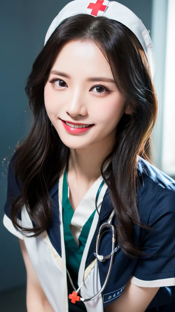 (best quality), ((8k, raw, masterpiece: 1.5)), ((professional photography, sharp: 1.2), ((half body photoshoot)), perfect dynamic composition, (natural sun light), (soft shadow), (1 girl), black medium curly hair, Ultra-detailed faces and skin, perfect Asian, gorgeous, White skin, (Delicate skin:1.4), (latex skin:0.4), (perfect glowing skin:0.3), (huge round breast: 1), light brown eyes, beautiful eyes, round eyes, pretty face, blush, glossy lips, plump lips, high nose bridge, glossy eyes, Really moist skin, (((huge smile))), looking at camera, (((wear dark blue nurse uniform)))