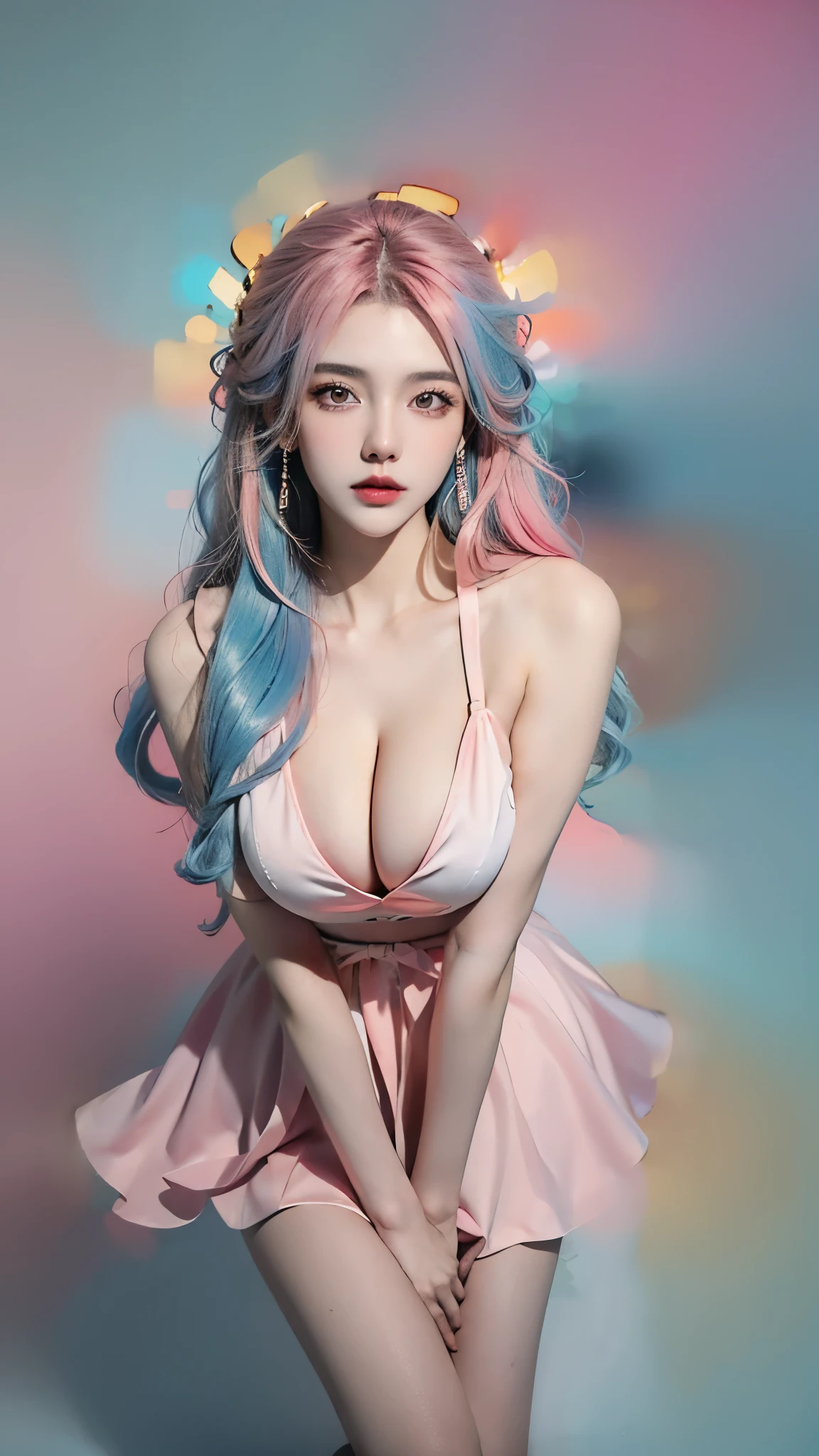 1girl，red_dress, ((I-type Valley)), a beautiful young woman, full body shot, (masterpiece, best quality, highres), (realistic), colorful background, color splash, sweet looking girl, light blue and white long hair, (light blue, pink hair), curly hair, shiny, ((cleavage)), red and pink lips, color splash, volumetric lighting, voluptuous breasts, elegant pose, long and sexy legs