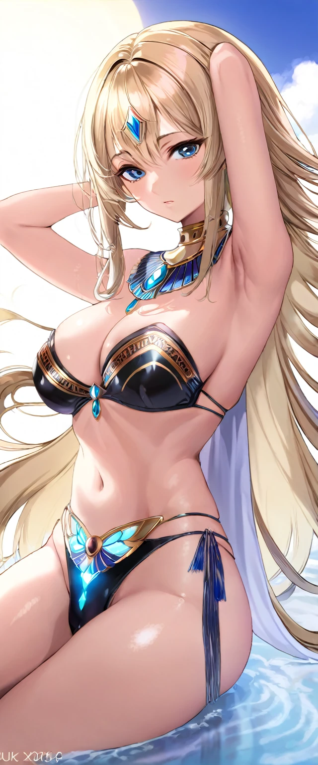 (Highest quality),(masterpiece), (Very detailed8K壁紙),Very detailed,Cinema Lighting, Detailed light, Best Shadow,Black Hair,another world,Detailed face, Detailed reflective eyes, Beautiful Eyes, 非常にDetailed face,Reflective Hair,sexy,thin,Huge breasts,High exposure,charm,From below,Armpit sweat,One person,Medium gloss,Spread your legs,Sunburn,Sunburn,Brown Skin,Blonde,Egyptian mythology,With clothes,Underwear included,Thin clothing lines,