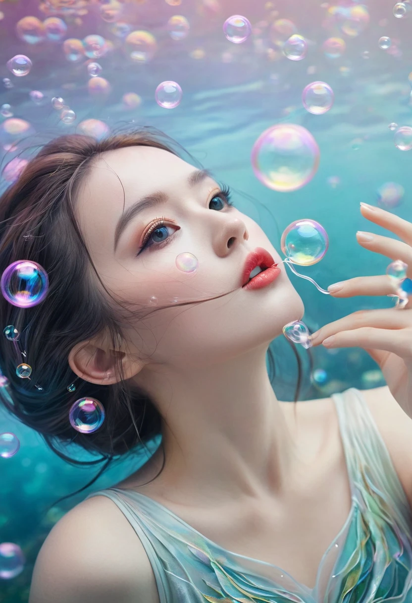 A painting,The painting shows a woman in a dress blowing bubbles, Loish and Wallop, ethereal bubbles, Mobis + Loish + Wallop, Dreamy and detailed, intricate Wallop, closeup fantasy with water magic, fairytale artwork, fairytale painting, Anna Dittmann (Anna Dittmann) style, Wallop art, Realistic fantasy, Artgerm Julie Bell Beeple