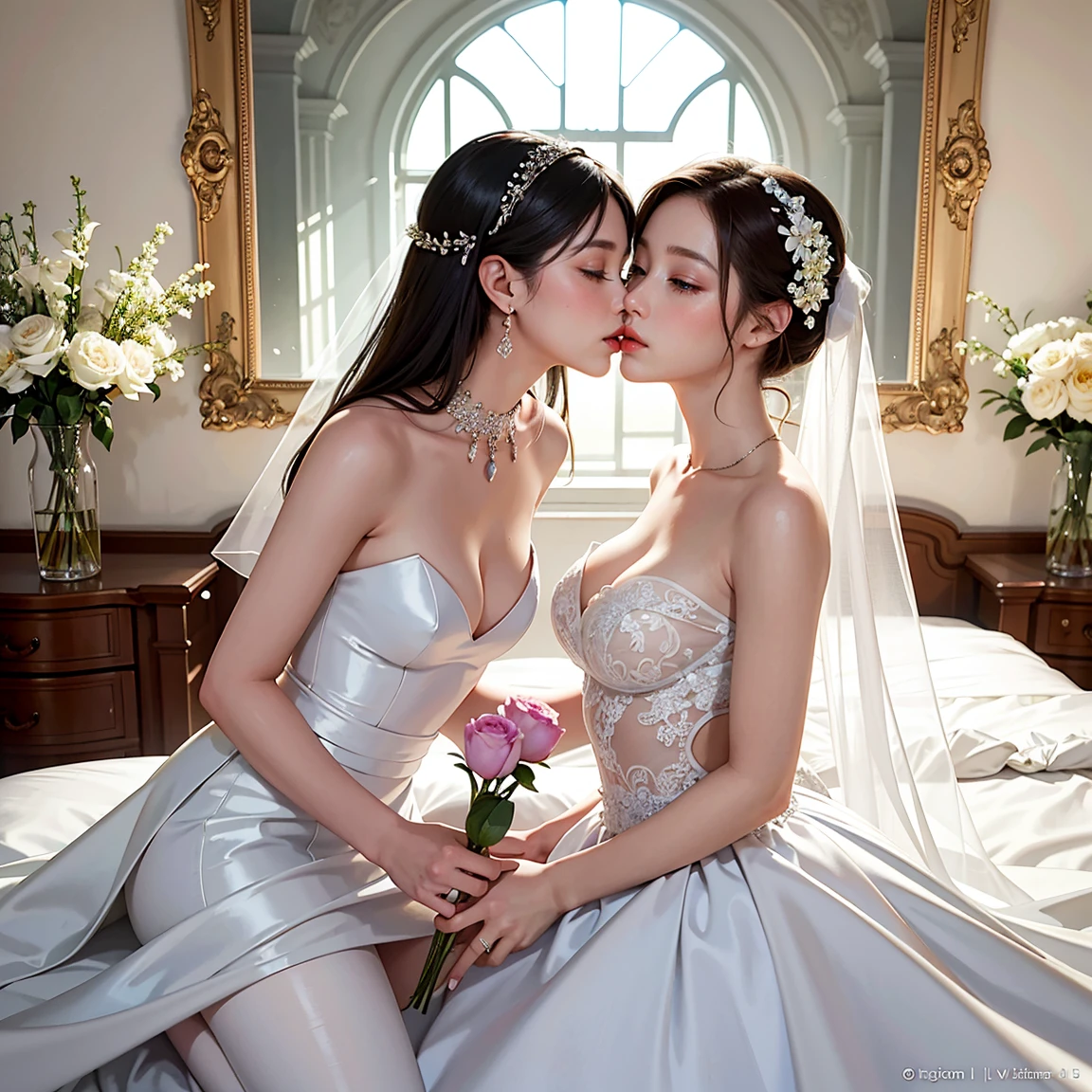 (masterpiece, highest quality, official art, beauty and aesthetic), perfect anatomy, two stunning bride is deeply in love with each other, kiss, flower, romantic atmosphere