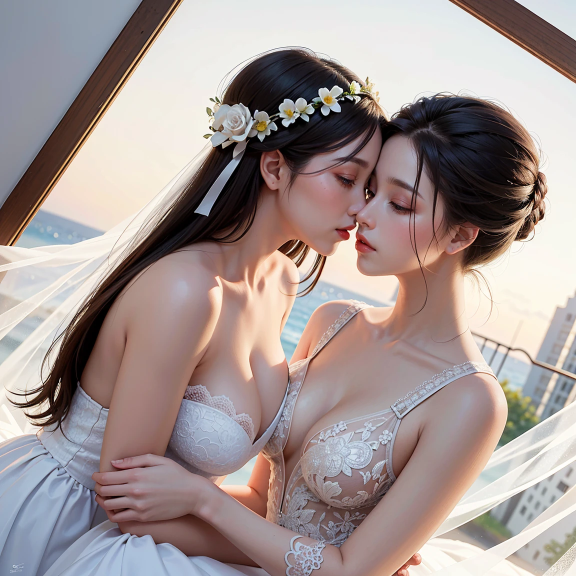(masterpiece, highest quality, official art, beauty and aesthetic), perfect anatomy, two stunning bride is deeply in love with each other, kiss, flower, romantic atmosphere