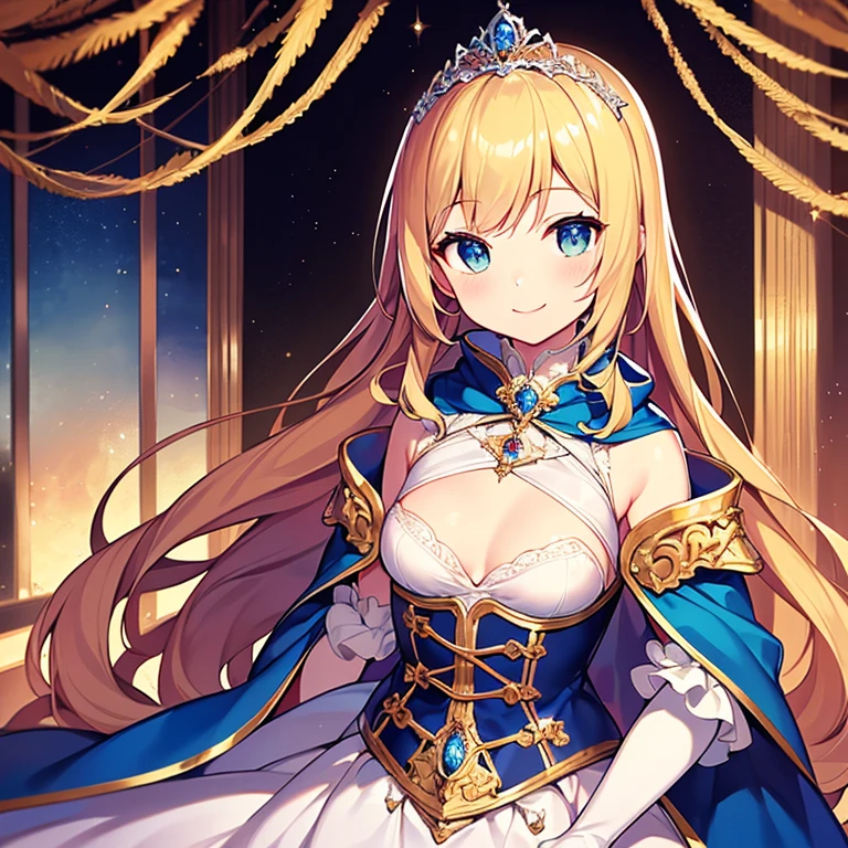 looking at viewer, upper body,(masterpiece),(best quality),(rococo style),(long train blue cape:1.15), very long cape,(long train white ball gown with flower decorations:1.1), a girl is wearing a cape over her gown, 1 little princess, tiara, smile, very long hair, small breasts