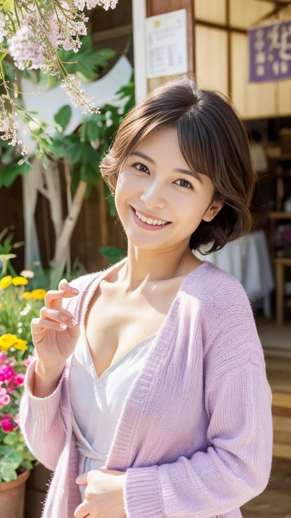 to be born, Highest quality, High resolution, (masterpiece: 1.3), Body Shot, かわいいJapanese女性, masterpiece, Bent body, Big Breasts, Cute face, White skin, Fair skin, Cute eyes, Elegant smile, light makeup, stand in front of a flower shop, Feminine gestures, Elegant expression, Viewers facing each other, Focus on your audience, Wearing a white dress, Pretty dress, Wearing a lilac cardigan, Perfect cardigan, かわいいBeautiful pastel colors, Beautiful pastel colors, at noon, Great lighting, Great sunlight, Bright colors, Ultra-realistic clean lines, Very realistic、Japanese、40 years old、A radiant smile、E cup breasts、Hide your fingers、Accentuate your breasts、Cleavage、Disheveled clothing