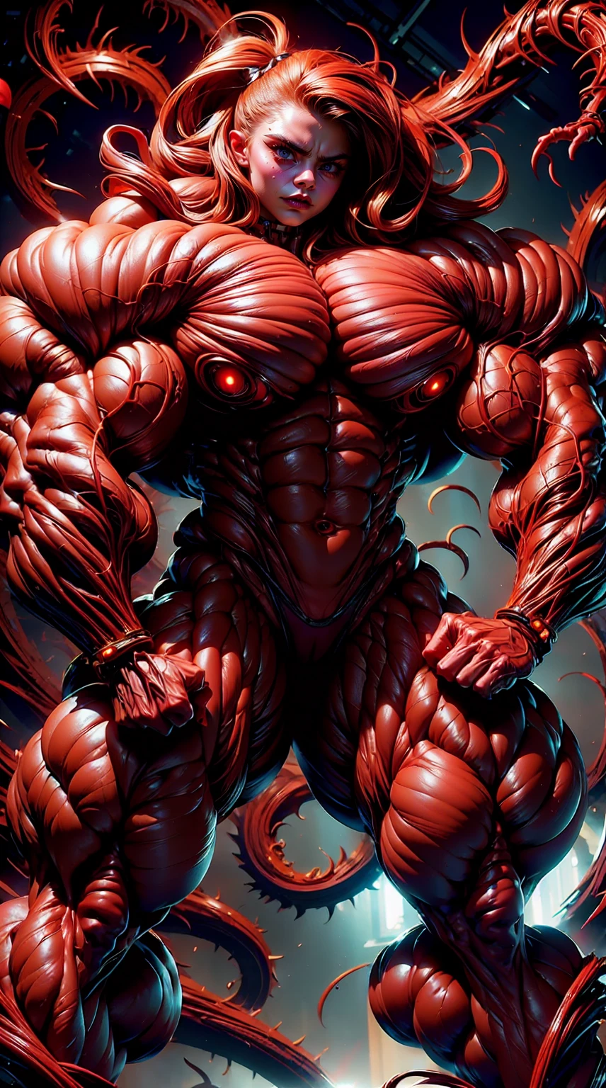 (1 girl), (cara delevingne), young girl, carnage muscular physique, seductive face, seductive look, long red hair, perfect muscular body, super skinny legs, cybernetic muscle suit, sissy, femboy, (carnage style physique),