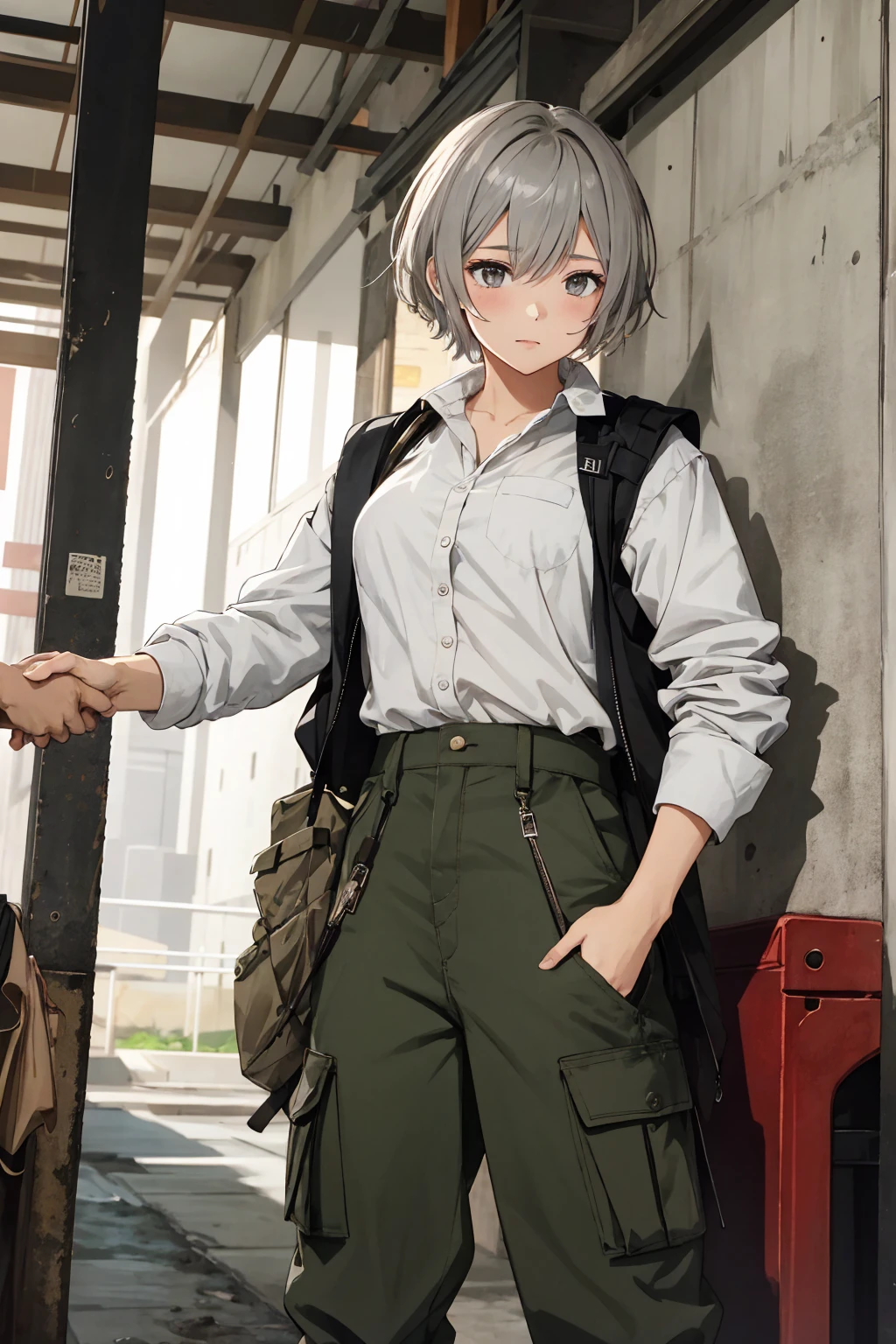 2others, (1girl, _young, girl with short gray hair, gray eyes, wearing dirty grey torn dress), (1man, military vest and cargo pants), holding hands, (size difference:1.5), tumblr, sosaku hanga, doujin, ddlc, zerochan, top quality, best quality, highres, unparalleled masterpiece, perfect artwork, paid reward available, indoor
