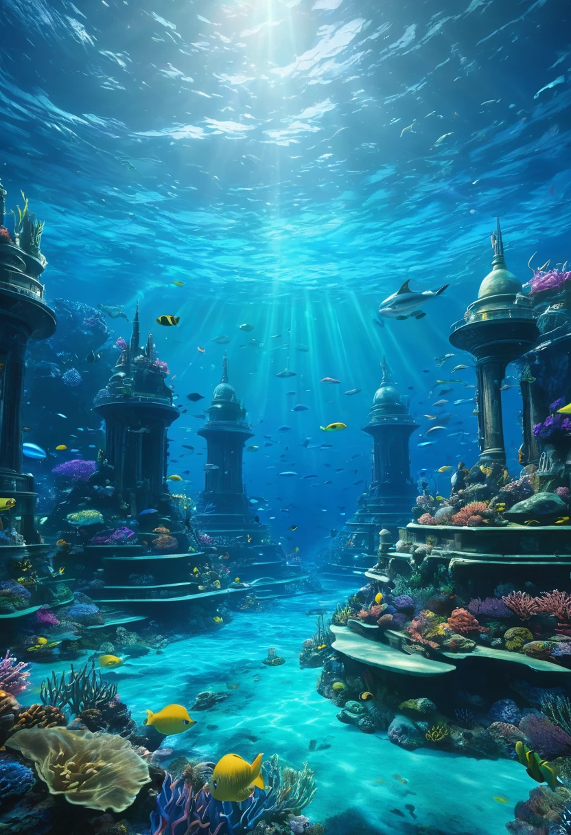 A painting of a fantasy world beyond dimension,The underwater world,Atlantis,Science fiction,illumination,Studio Ghibli,Unreal Engine,Epic Composition,CG digital rendering,Ultra HD,The technology is very detailed,Tri-color color scheme