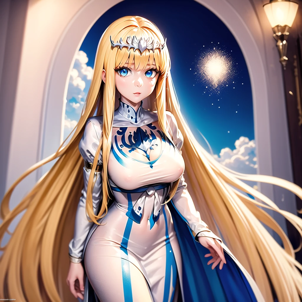 masterpiece, best quality, paint splatter, a looking at viewer, 1girl,solo, calca, blonde hair, ,( extremely long hair:1.2), very long hair, extra long hair, white tiara, white dress, blue eyes,Calca Bessarez, medium breast,Calca,