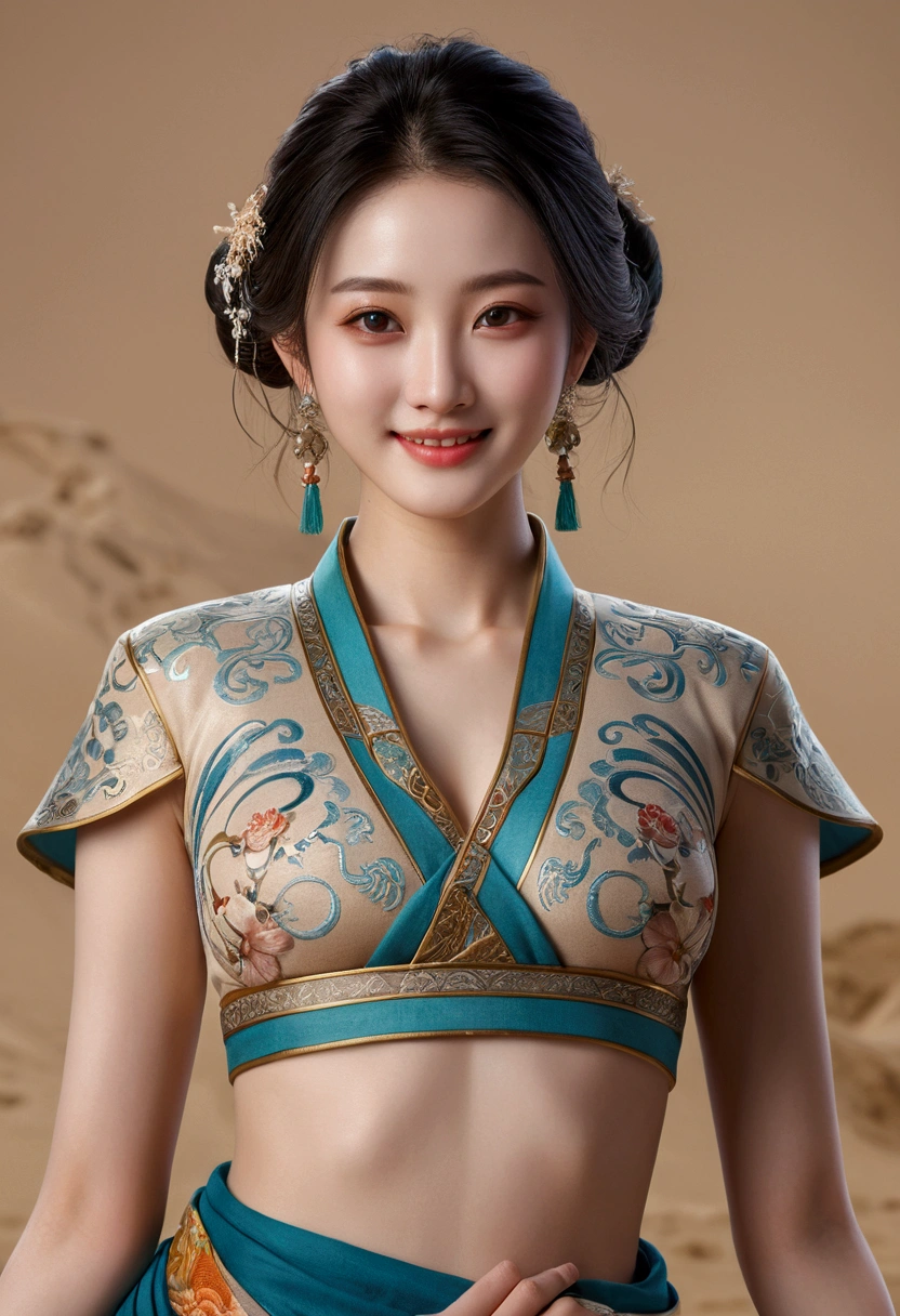 navel，（medium chest：1.2）features，There is water on the body，Clothes are soaked，super fine, fine fabric texture, soft, tender, smooth texture, Dunhuang style, delicate pattern, correct hand painting, smile, tsurime, Surrealism, ray tracing, UHD, high-detail, super detail, highres, 10, High Quality, high-detail, textured skin, C.professor.