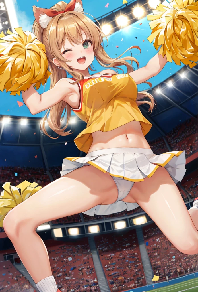 1 beautiful 20 year old girl, anime girl, cheerleader, yellow pom poms, (cheerleaders:1.5), (pompoms:0.8), I'm rooting for you,  jumpping, cheer jumps, girly pose, dynamic motion, dynamic moves, football stadium, football field, burst of confetti, cheering crowd, red cheerleader costume, (mini skirt), skirt lift, happy atmosphere, vibrant colors, white trainers, white short socks, white panties, (white panties:1.4), brown hair, bangs, ponytail, wavy hair, expressive hair, shiny hair, hair ornament, hair bow, one eye closed, aqua eyes, glowing eyes, cat ears, earrings, kemonomimi mode, open mouth, smile, blush, bright pupils, seductive smile, happy, red lips, tongue, upper teeth, big round breasts, slim waist, navel, defined body, full body, slim legs, defined thighs, anime, image fill, border, first-person view, pov, three-quarter front angle, perspective, Wide-Angle, macro photo, f/1.8, 85mm, Sony FE GM, 8k, super detail, UHD, retina, masterpiece, accurate, anatomically correct, best quality, highres