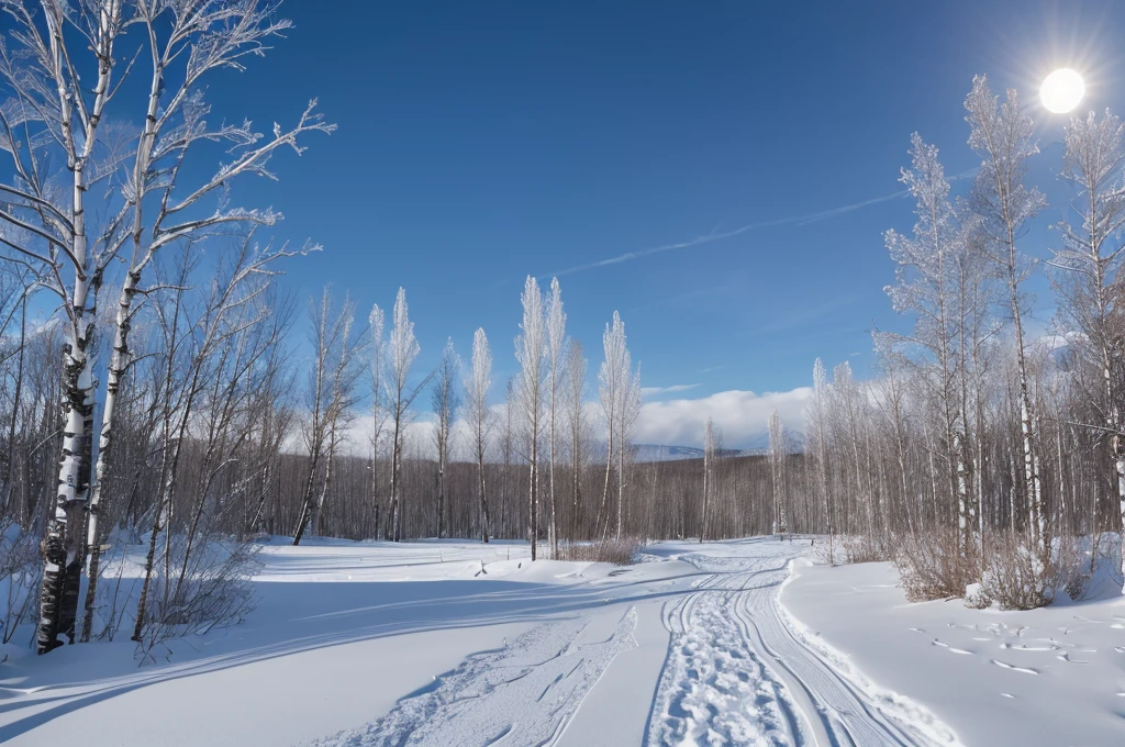 Snowy plains, moonlight, birch trees, sled tracks