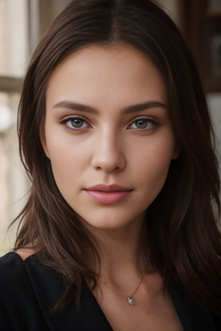 Ultra detailed image, better quality, masterpiece. Young brunette woman aged 25, visage parfait, very pretty, big breast, dressed in a nice classy outfit in black, mise au point net du visage, realism, Grain de film, sony a4riii Objectif 30 mm RAW f1.8 ouverture, very detailed (analog photography, ultra 4k hdr colors