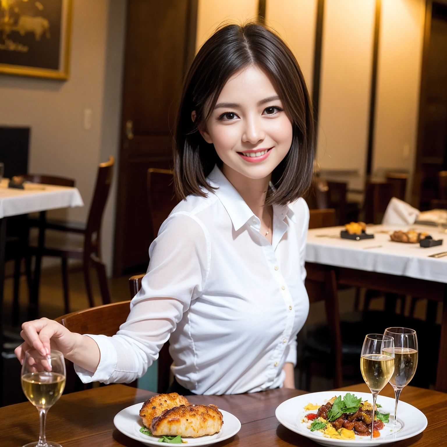 ((Highest quality、8K、masterpiece:1.3))、cute、slimカップル、modelカップル、actress男優、(Realistic, Intricate details:1.2), full-course dinner、Wine Party、Amazing view of the sunset sky and clouds、A bright smile、short hair,Bright Face、 (Age 37), age 34, red wine 、Appetizers、Italian food、Wine bottle、Champagne、sparkling wine、Two beauties、Brown Hair、Shortcuts、Long sleeve shirt、dress、Beautiful woman 1, (slimな顔), (The body is slim), (Brown Hair), (Shortcuts), cheeks turn a little red,Attractive beauty、restaurant, In a prominent place (From the waist up) Nova Frog Style, actress, model, Upper Body, White wine, slim, wine glass, 中央に置かれたwine glass, smile, (smile: 1.15), Beautiful fine grain, Depth f/2,saturation, High Contrast, Strong light and shadow,Moist Body:1.5、3D texture、Delicate eyes、Brown Hair、The hair is very shiny、