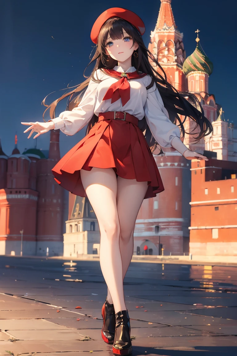 ((Best quality, 8K, masterpiece:1.4)), Anime style, full body, beautiful Soviet girl, long straight dark brown hair in a neat braid, large expressive deep blue eyes, tall and athletic with curvy figure, traditional Soviet attire with red neckerchief, white blouse, dark skirt, red beret with Soviet emblem, Soviet military medals, confident and proud expression, standing in Red Square, Moscow, highly detailed background with the Kremlin and St. Basil's Cathedral, vibrant and bustling scene, patriotic atmosphere.
