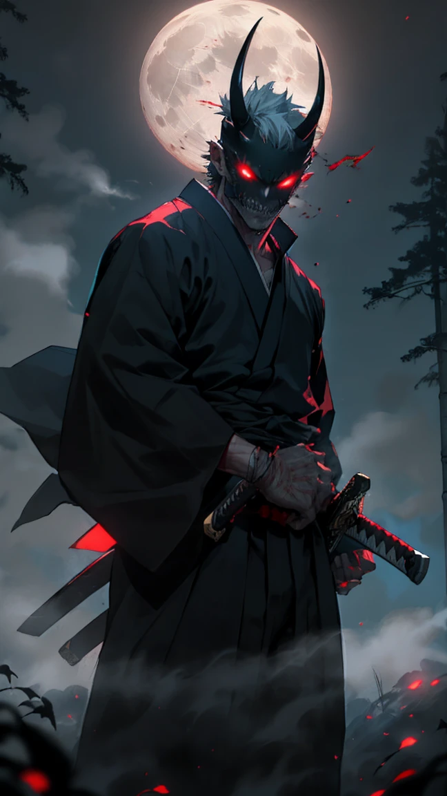 (detailed horned mask:1.2),(dark,devil) atmosphere,(Mysterious,ominous,sandy) texture,1 demonic character,sharp teeth,bright red eyes,long sharp horns,pale skin,black claws,overgrown dark forest,ominous moonlight,dense fog,creepy atmosphere,blood red color scheme,haunting shadows,spooky fog,horror genre,nightmarish,dynamic lighting,High contrast,ethereal feeling,vivid colors better quality,ultra detailed),dark,wet,artificial raindrops falling,ancient japanese warrior standing in the rain,japanese traditional bamboo hat(fail),dense forest landscape,majestic and serene nature,full moon shining brightly in the night sky,black kimono with fluorescent red stripes that glow in the moonlight,samurai sword sharpened and drawn(katana),