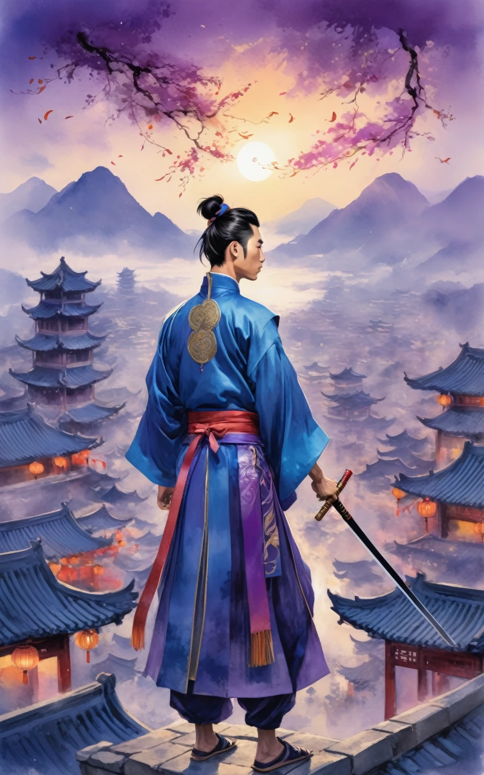 An awe-inspiring moment concept illustration, in a mixed style of Chinese ink watercolor and oil painting, featuring rich colors in a Chinese style illustration. A handsome and graceful young man in blue and purple Hanfu with gold trim holds an ancient sword, standing on the rooftop of an ancient Chinese building. He has black-purple hair. Below is a bustling ancient Chinese city, viewed from a bird's-eye perspective, with lanterns just starting to light up, giving a vibrant night city feel. On the opposite rooftops stand a female warrior and another male warrior, with colorful ribbons swirling around them. In the distance, there are Kongming lanterns floating up into the sky. The scene is set during twilight, with fiery clouds and a setting sun. The scene combines a Genshin Impact game style, dynamic composition, and epic martial arts action..


