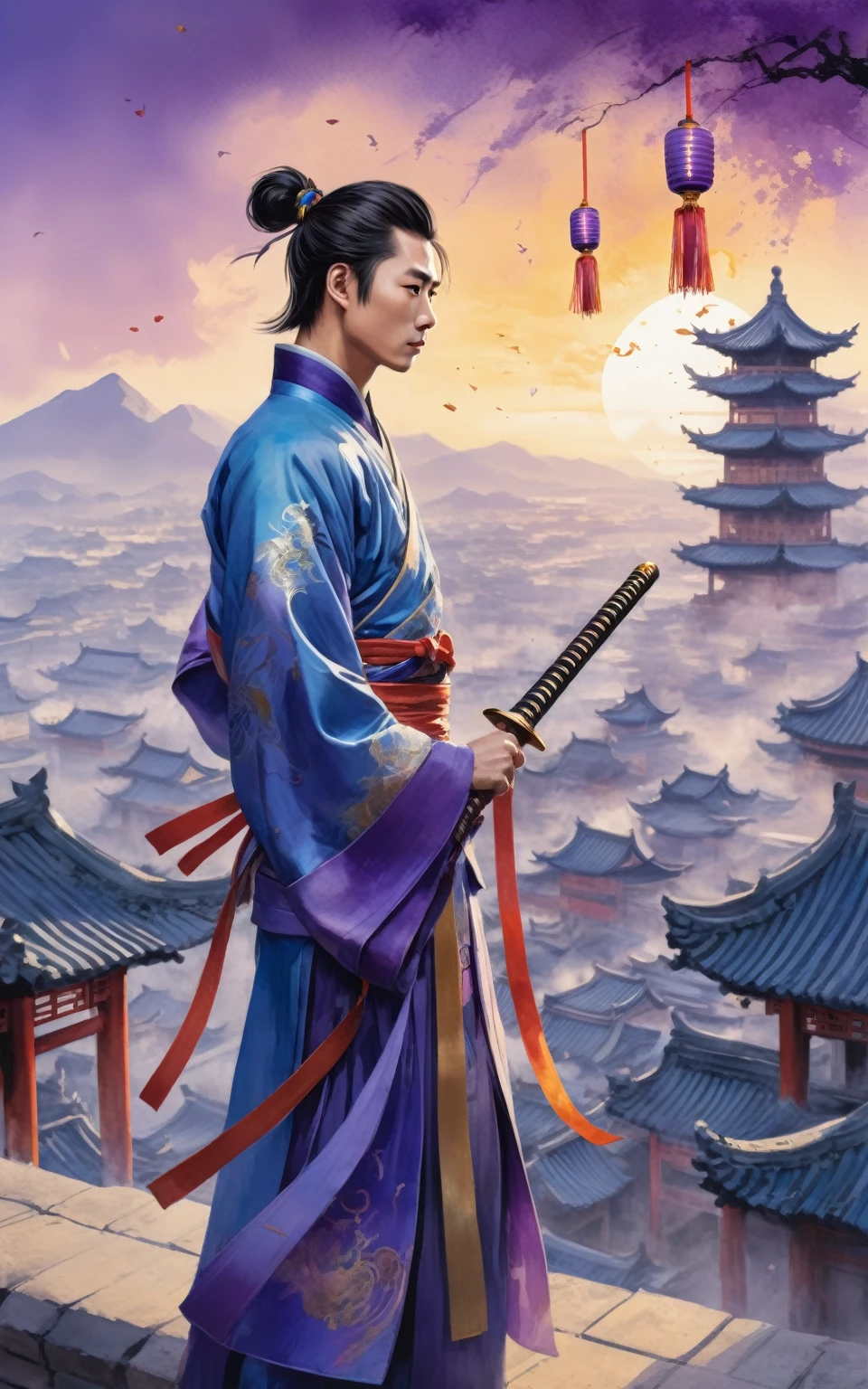 An awe-inspiring moment concept illustration, in a mixed style of Chinese ink watercolor and oil painting, featuring rich colors in a Chinese style illustration. A handsome and graceful young man in blue and purple Hanfu with gold trim holds an ancient sword, standing on the rooftop of an ancient Chinese building. He has black-purple hair. Below is a bustling ancient Chinese city, viewed from a bird's-eye perspective, with lanterns just starting to light up, giving a vibrant night city feel. On the opposite rooftops stand a female warrior and another male warrior, with colorful ribbons swirling around them. In the distance, there are Kongming lanterns floating up into the sky. The scene is set during twilight, with fiery clouds and a setting sun. The scene combines a Genshin Impact game style, dynamic composition, and epic martial arts action..