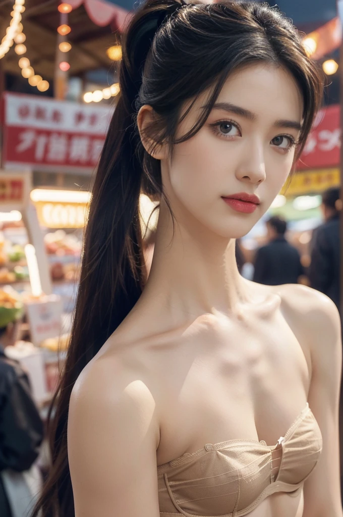 (((best quality))),(((ultra detailed))),(((masterpiece))),illustration,(1 beautiful girl,solo),(short ponytail:1.2),(strapless sheer bra:1.3),((bare shoulder,bare arms)),((slim,thin)),((small breasts,flat chest)),shopping, market, meat, bustling,early morning,bright eyes, flushed face, lively appearance, energetic, vendors, calls, wares, plastic sheets, spices, haggling, examining, cuts, beef, stall, butcher paper, scale, kaleidoscope, colors, sounds, fruits, vegetables, animated, talking, joking, background, food stall, breakfast rolls, vendor, steaming, fresh bread, butter, early hour, energy, chatting, vibrant, chaotic, community,((night scene,outdoor)),(surrounded by crowded crowds:1.3),((from front,close-up of face))