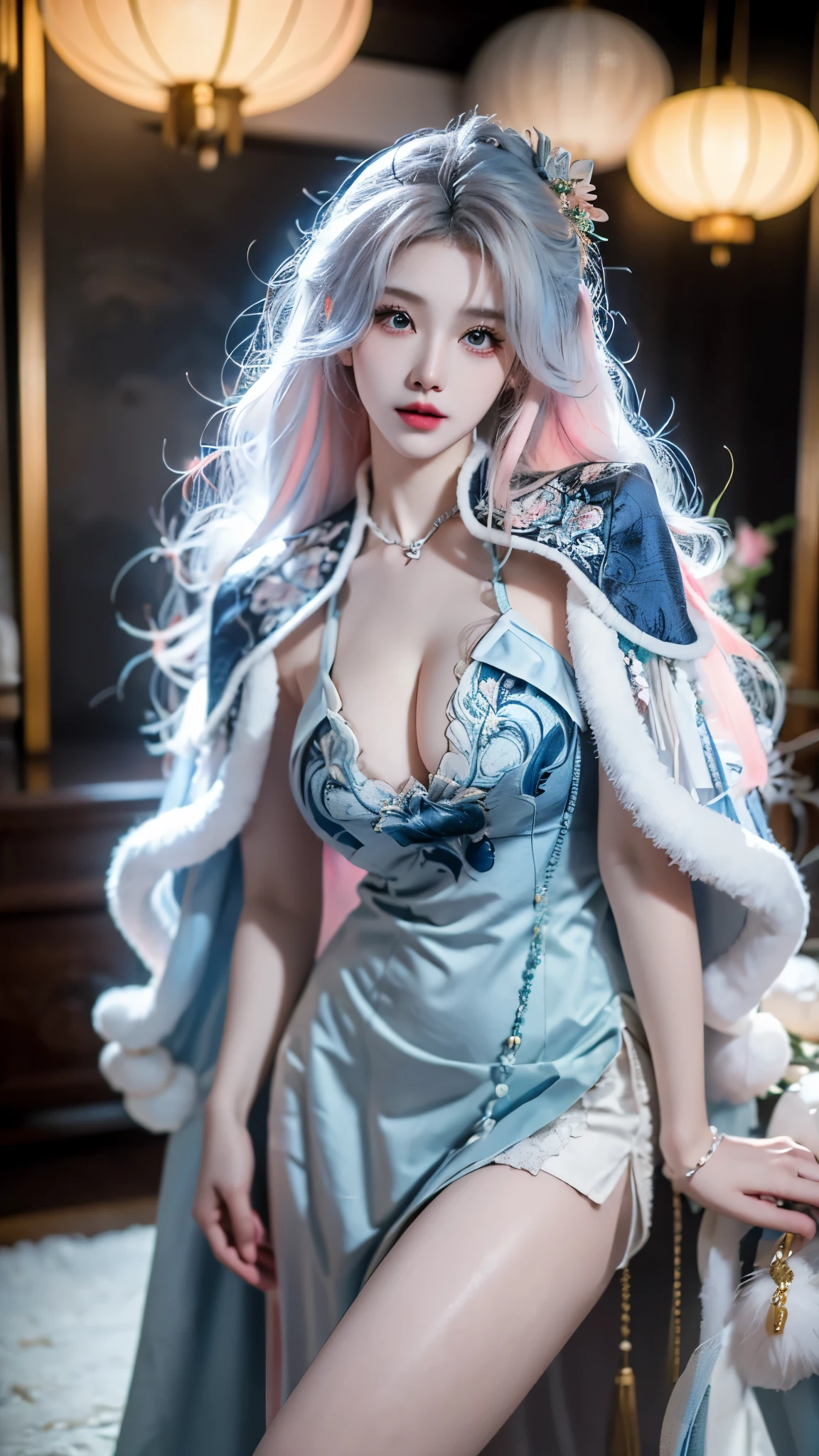 guqinghan,cangyugezhu,
chinese clothes, china theme, blue dress,white lace trimgloves, fur trim, side slit, cape, shawl, ((I-type Valley)), a beautiful young woman, full body shot, (masterpiece, best quality, highres), (realistic), colorful background, color splash, sweet looking girl, light blue and white long hair, (light blue, pink hair), curly hair, shiny, ((cleavage)), red and pink lips, color splash, volumetric lighting, voluptuous breasts, elegant pose, long and sexy legs