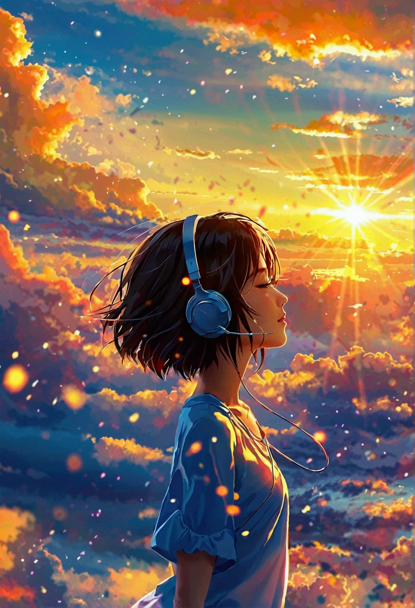 masterpiece，Highest quality，Movie stills，One girl，Side view，sleep，Floating in the sky，headphone，Warm and soft lighting，sunset，（Spark of Light：0.7）