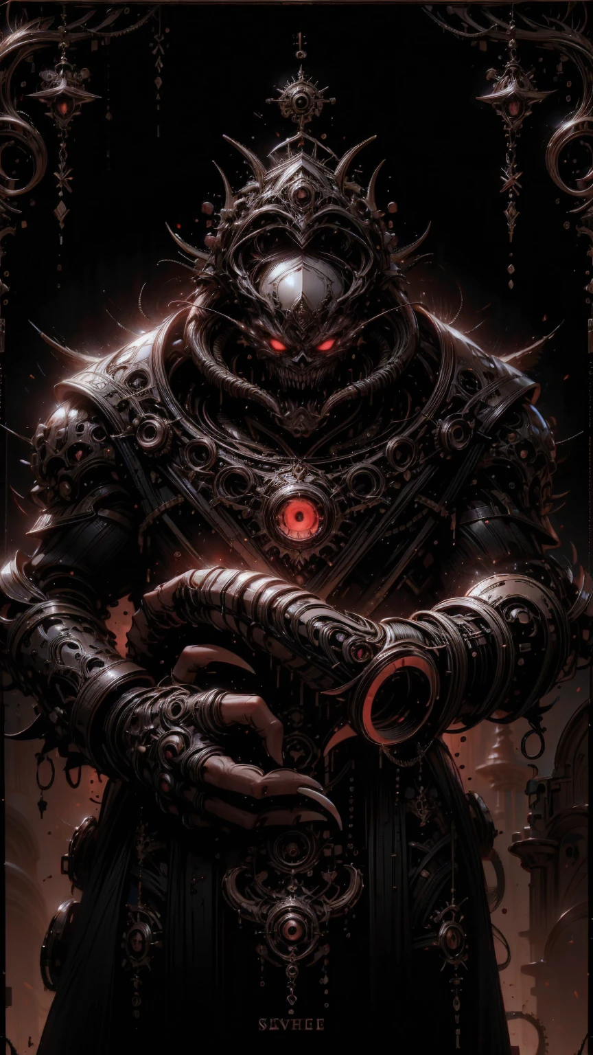 (masterpiece:1.1), (best quality:1.1), (ornate:1.1), (monochrome:1.3), (black and red:1.3), BREAK, (horror:1.0), (esoteric:1.1), (solo:1.4), (dynamic angle:1.0), (cowboy shot:1.0), (woman:1.1),(very muscular female carnage:1.25), (huge upper body:1.25), (narrow hips:1.0), long hair, (carnage intricate muscle armor:1.25), ((full body front view)), (gauntlets:1.0), (shoulder armor:1.1), ((tarot style frame))