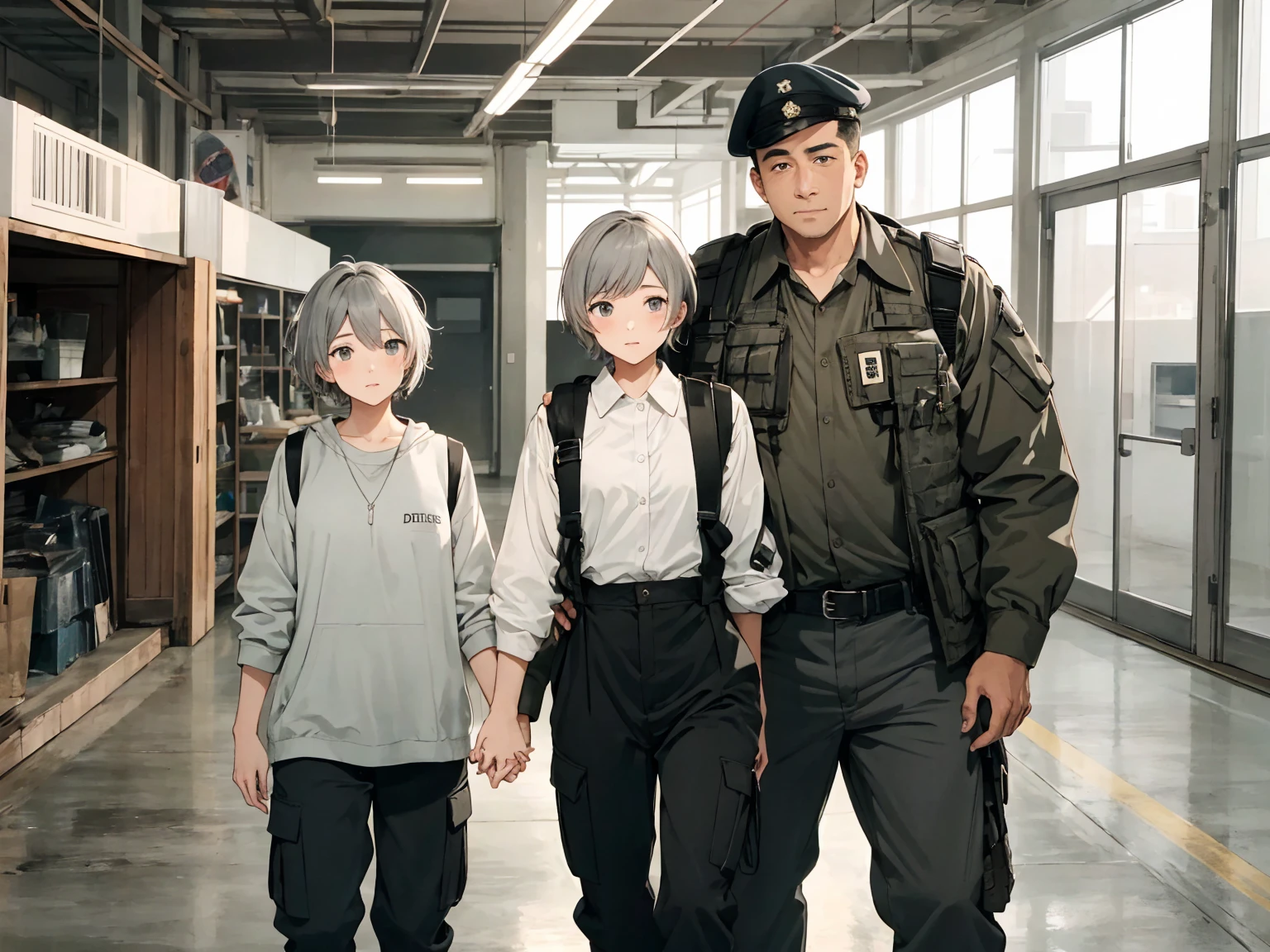 2others, (1girl, _young, girl with short gray hair, gray eyes, wearing dirty grey torn dress), (1man, military vest and cargo pants), holding hands, (size difference:1.5), tumblr, sosaku hanga, doujin, ddlc, zerochan, top quality, best quality, highres, unparalleled masterpiece, perfect artwork, paid reward available, indoor