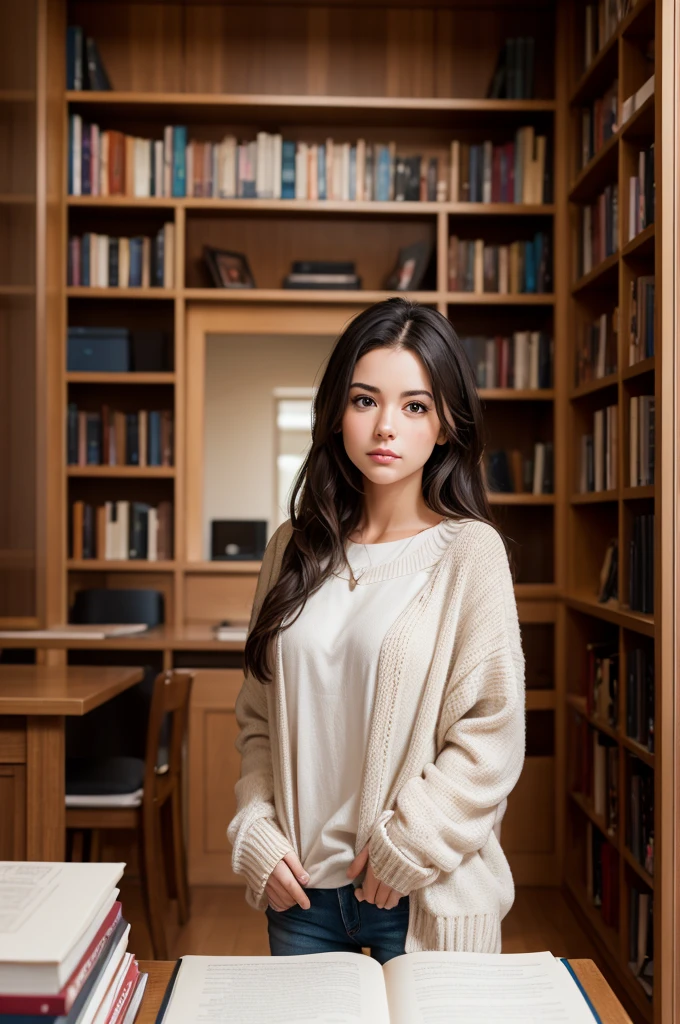 Create an image of an American woman in front of a bookshelf