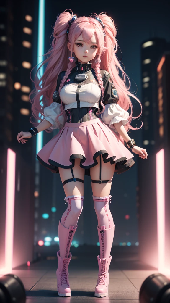 high resolution, best qualityer, work of art, very high image quality, ultra detali, hyper realist, 3d, アニメ, illustrations, fancy, hard rock girl, very beautiful cute, pink wavy hair, side braid, mini-skirt, Knee socks, engineer boots, cyber punk galaxy city background  