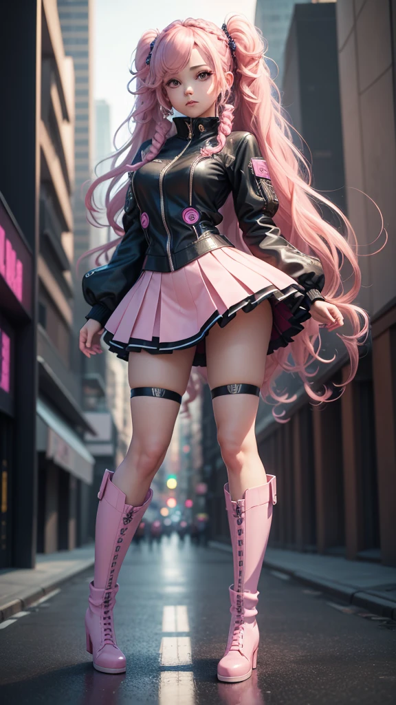 high resolution, best qualityer, work of art, very high image quality, ultra detali, hyper realist, 3d, アニメ, illustrations, fancy, hard rock girl, very beautiful cute, pink wavy hair, side braid, mini-skirt, Knee socks, engineer boots, cyber punk galaxy city background